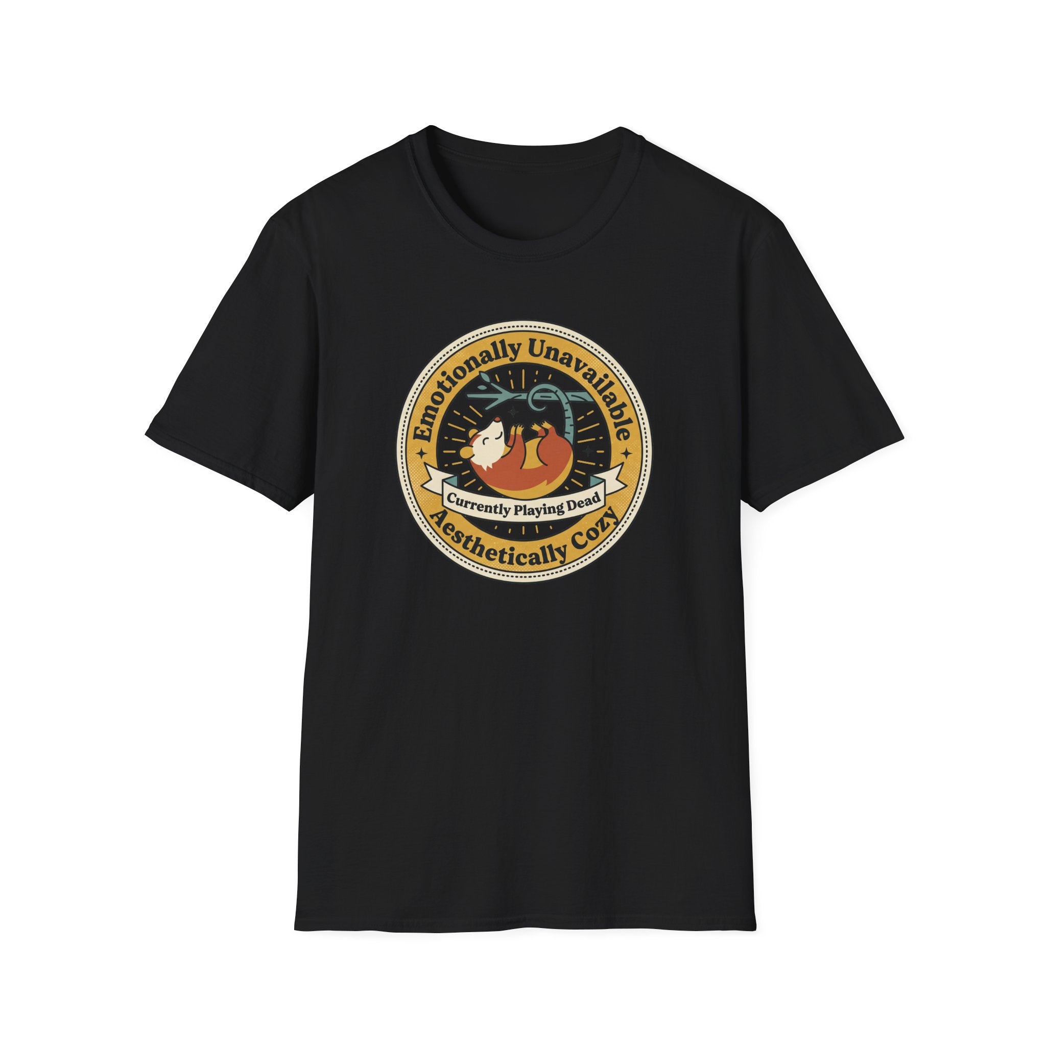 Black T-shirt front featuring round sloth graphic with “Currently Playing Dead” text