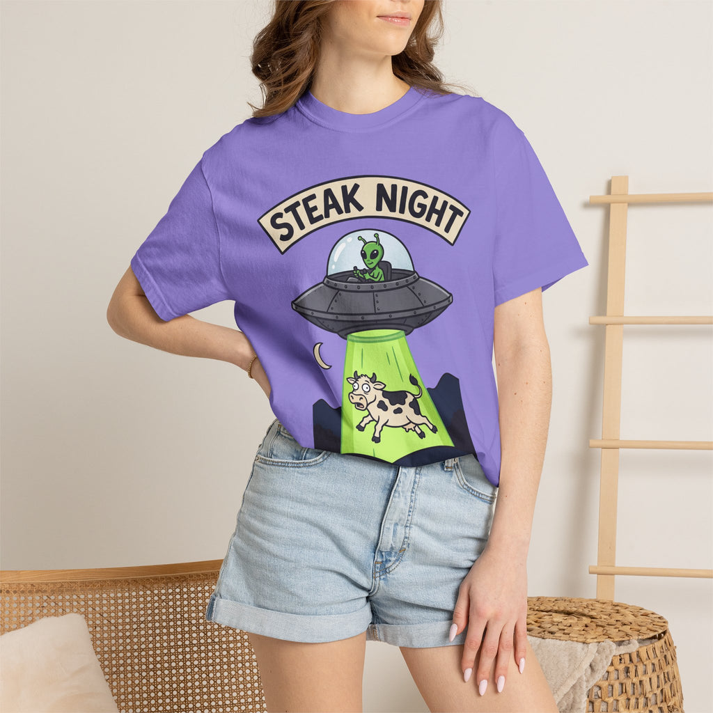 Lavender T-shirt with 'Steak Night' UFO and green alien cow graphic