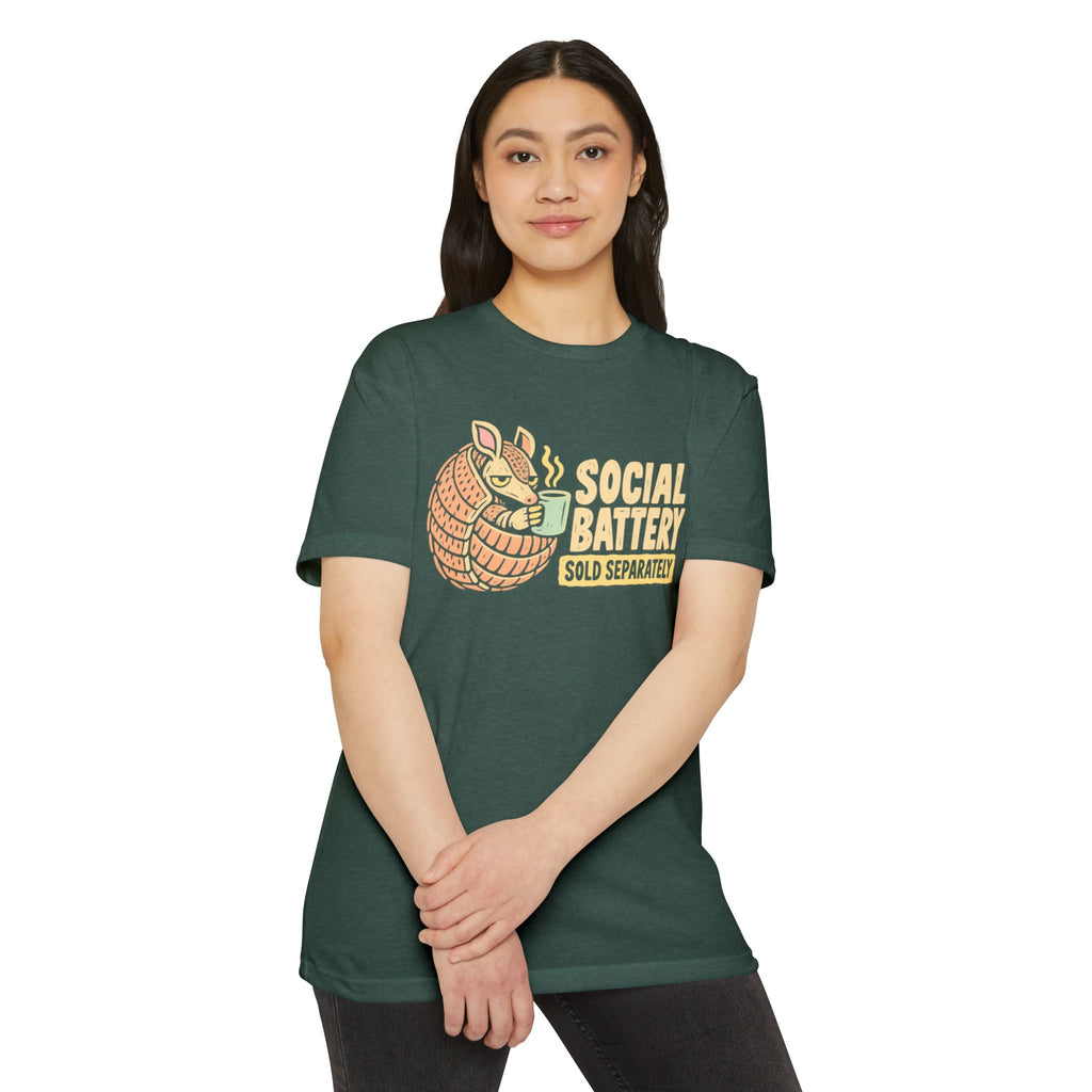 Brown T-shirt with armadillo graphic and “SOCIAL BATTERY” text