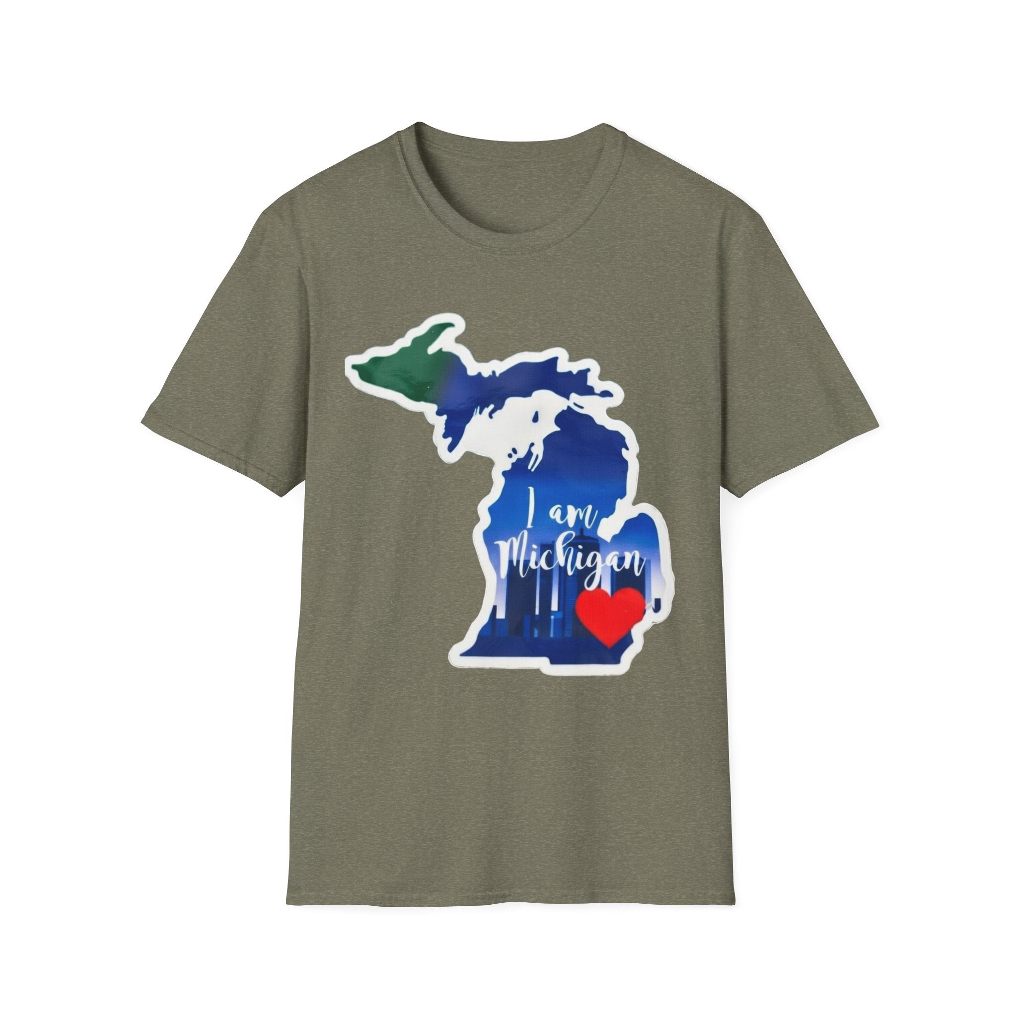 Olive green Michigan map T-shirt with blue state graphic, red heart, and “I am Michigan”