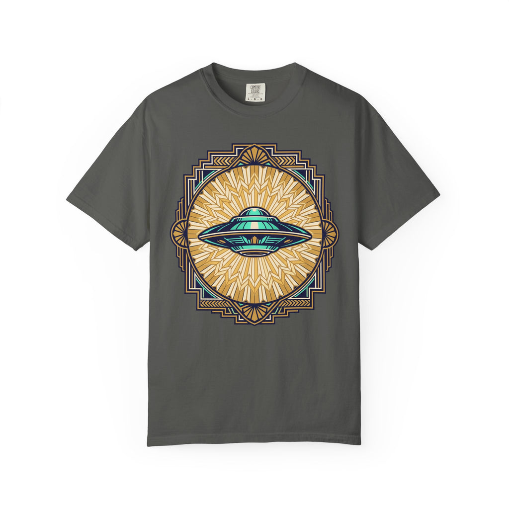 Dark gray T-shirt with central UFO graphic in blue and gold sunburst design