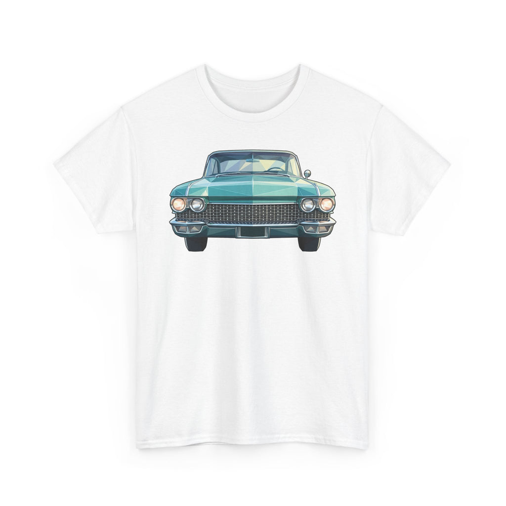White crewneck T-shirt with centered teal classic car illustration, front view
