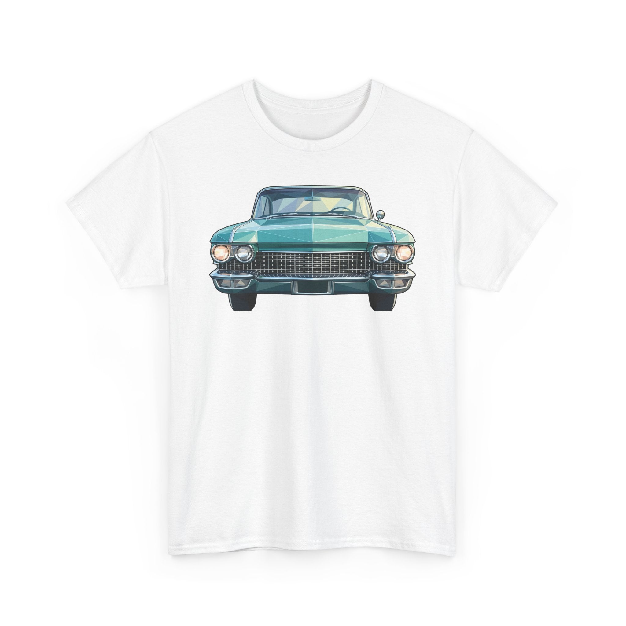 White crewneck T-shirt with centered teal classic car illustration, front view