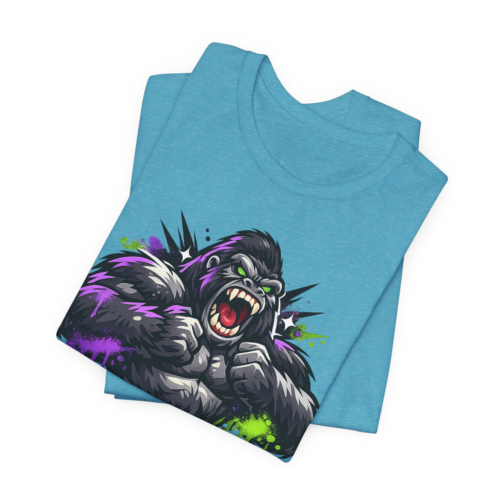 Heather Aqua unisex T-shirt with roaring gorilla graphic on chest