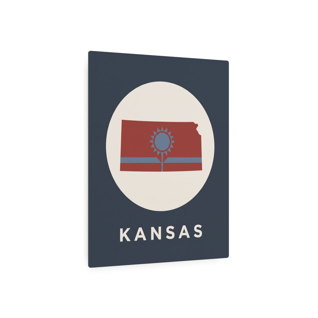 Kansas metal wall sign with oval flag tree graphic and KANSAS text