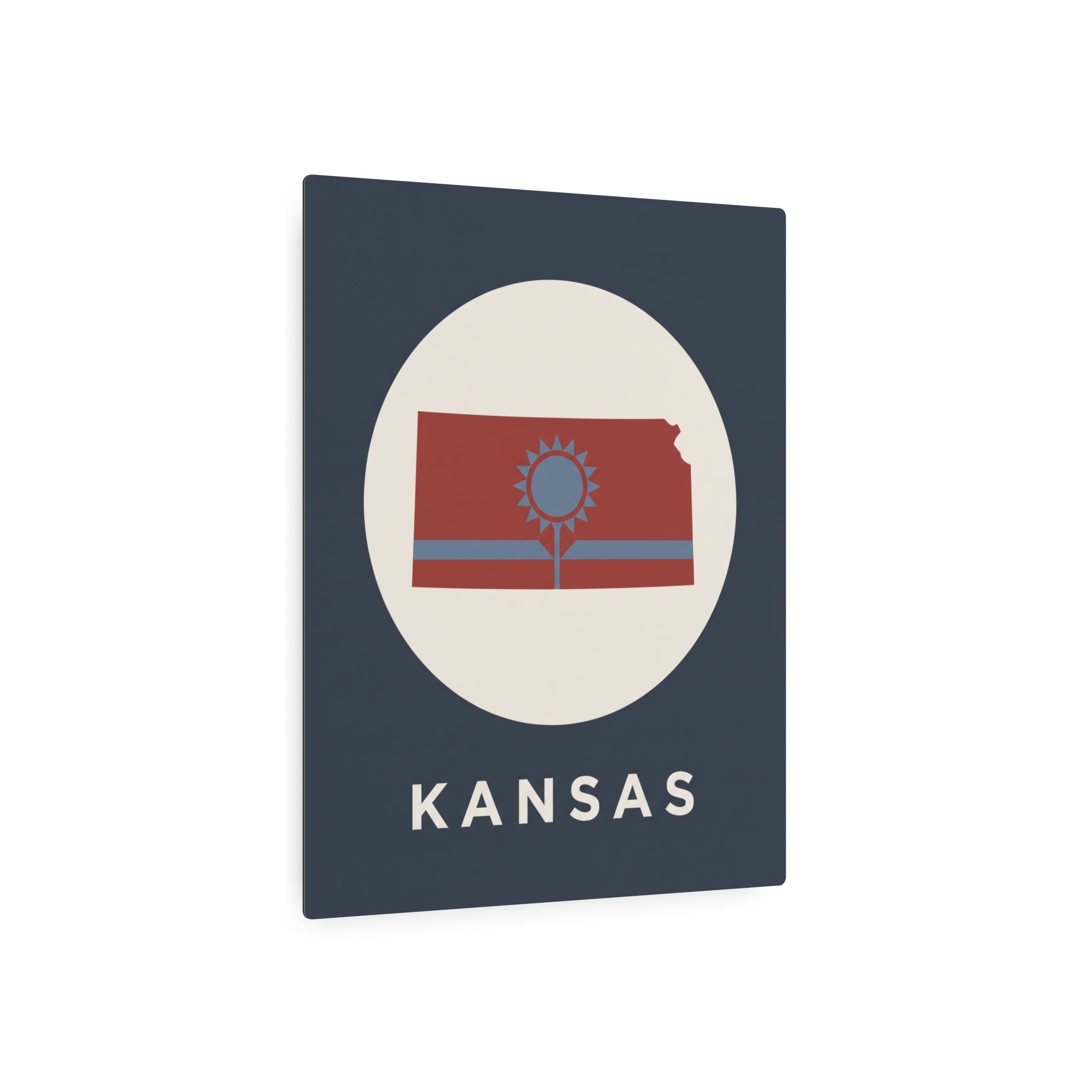 Kansas metal wall sign with oval flag tree graphic and KANSAS text