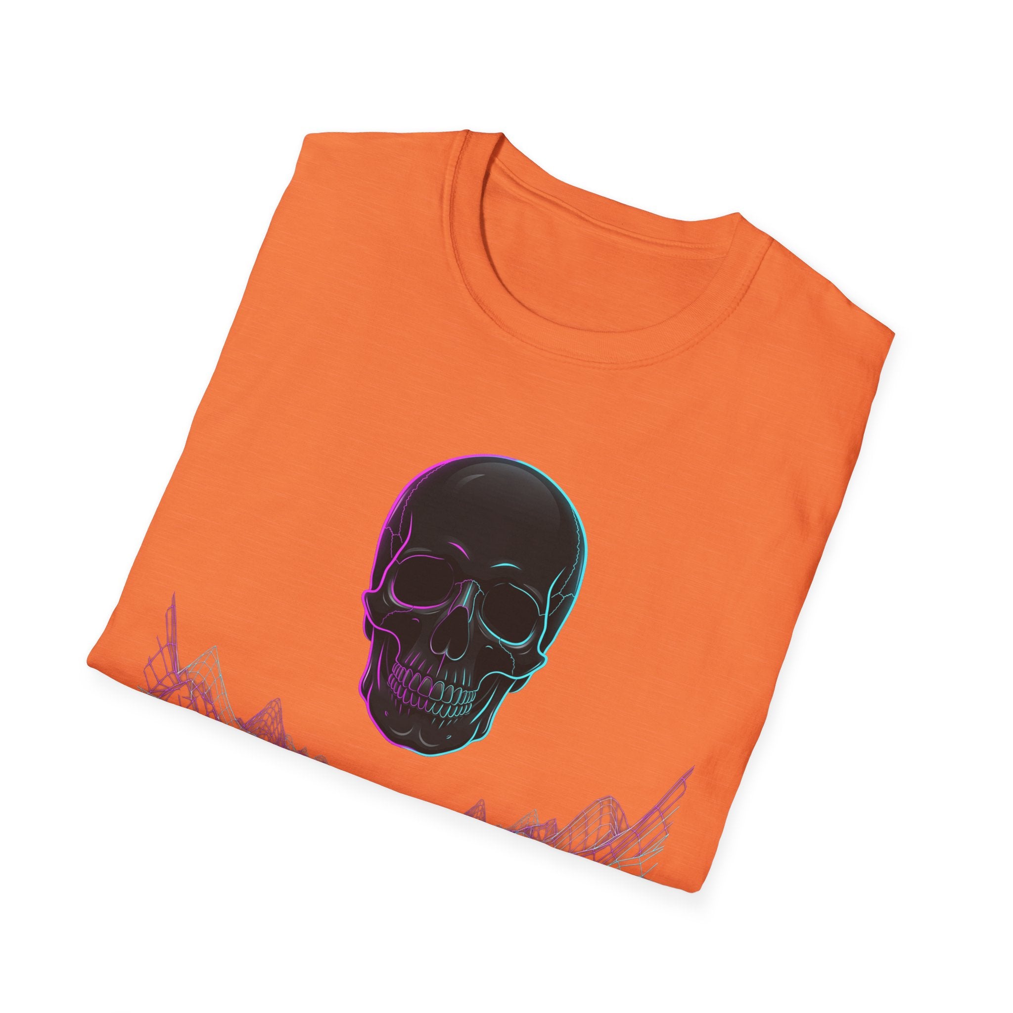 Vaporwave Neon Skull T-Shirt, orange mit Neon-Schädel-Print und violetten Linien