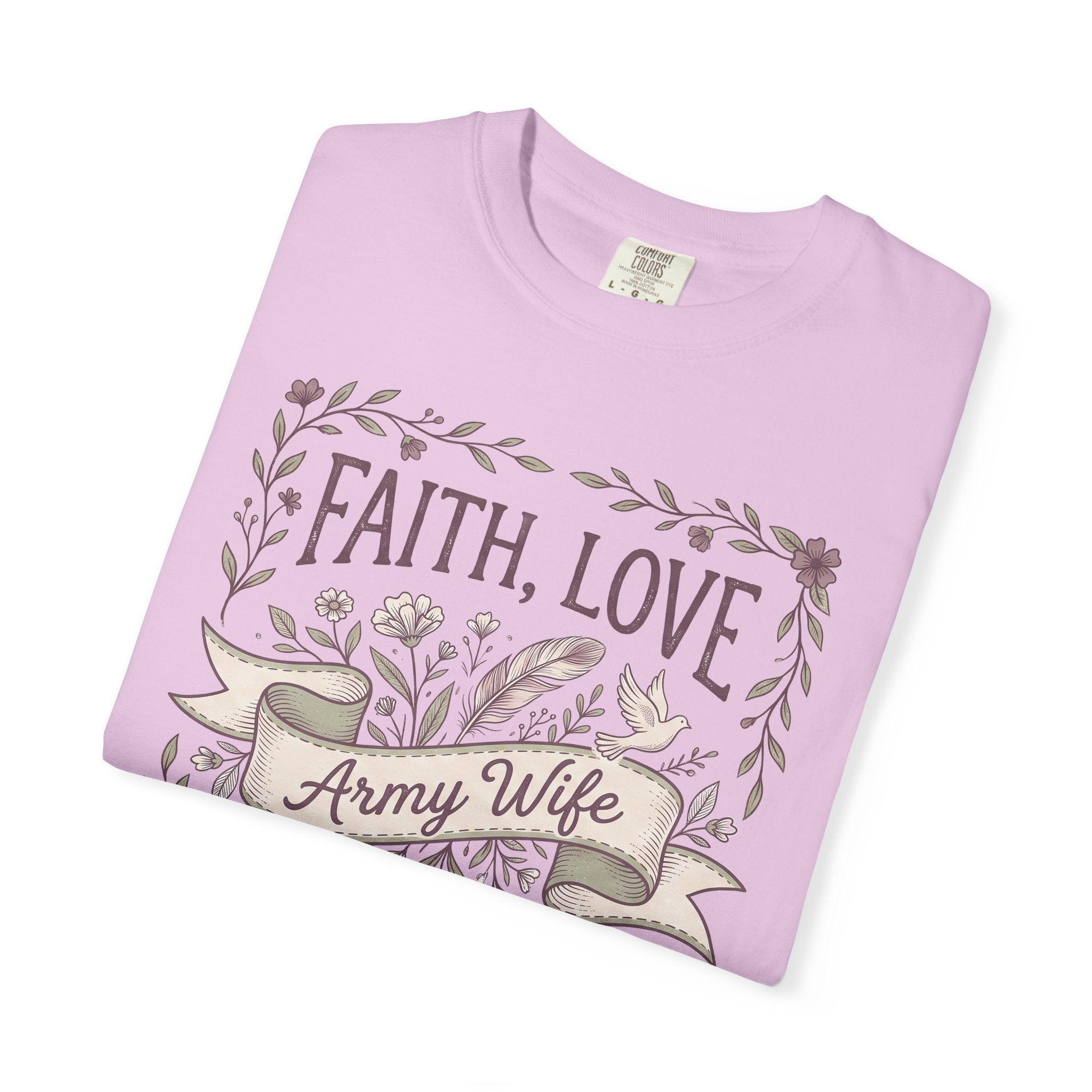 Light pink crewneck T-shirt with floral wreath 'Faith, Love' and 'Army Wife' ribbon graphic