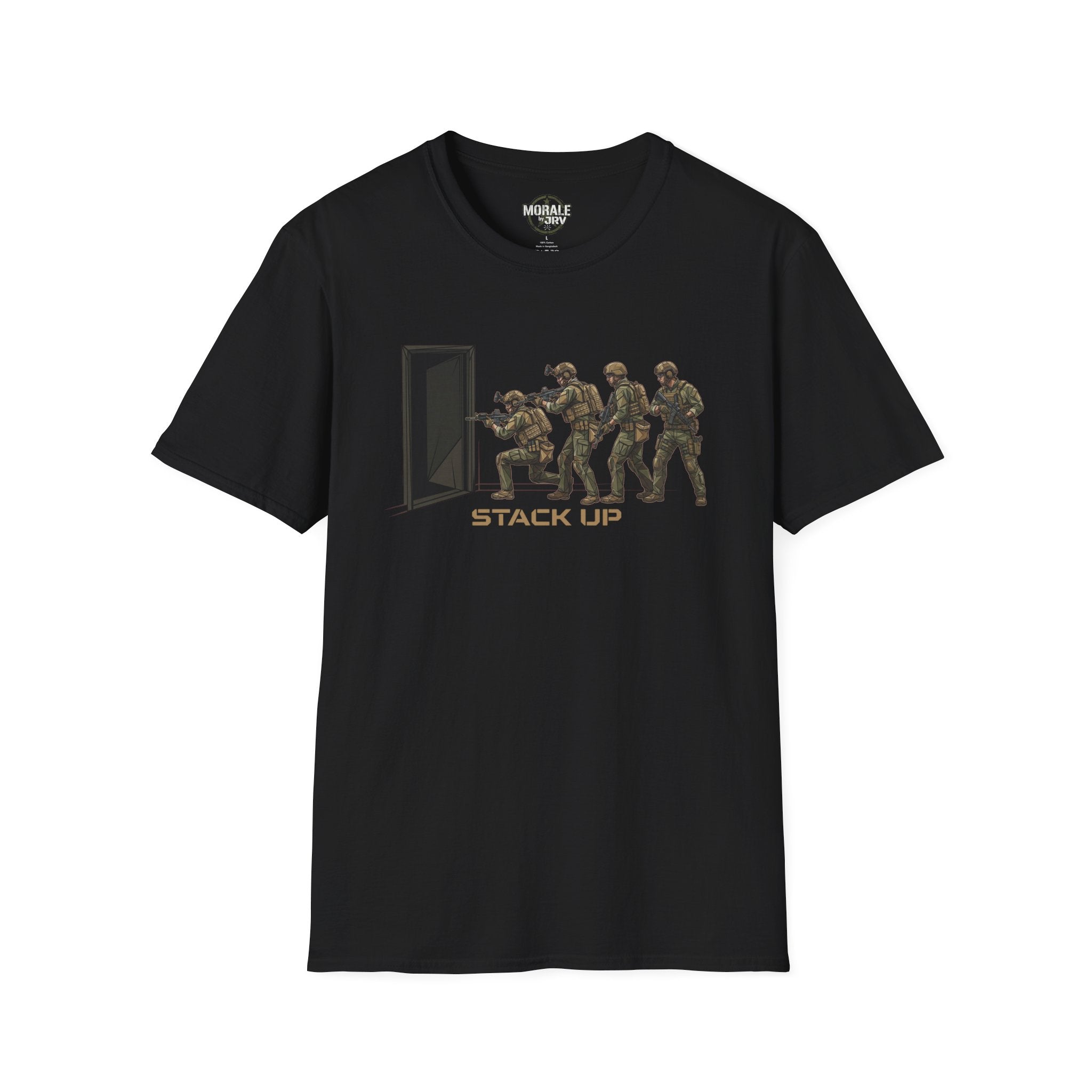 Black T-shirt with “Stack Up” tactical soldiers at open doorway graphic