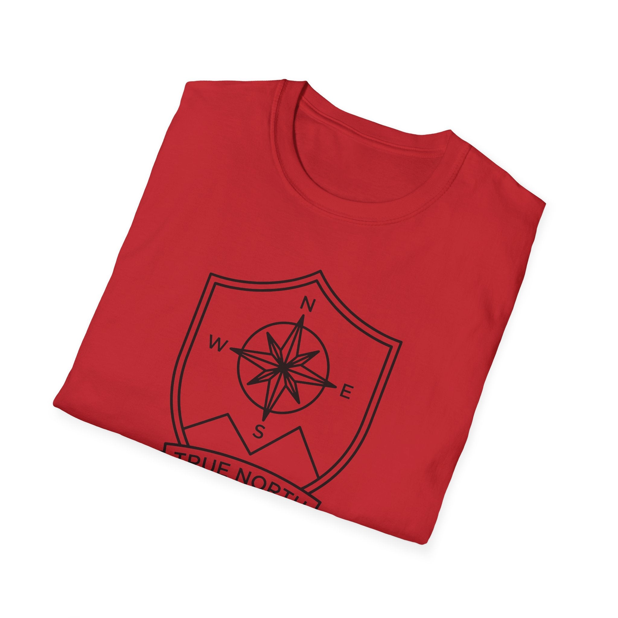 Red T-shirt with compass emblem graphic on chest, crew neck.