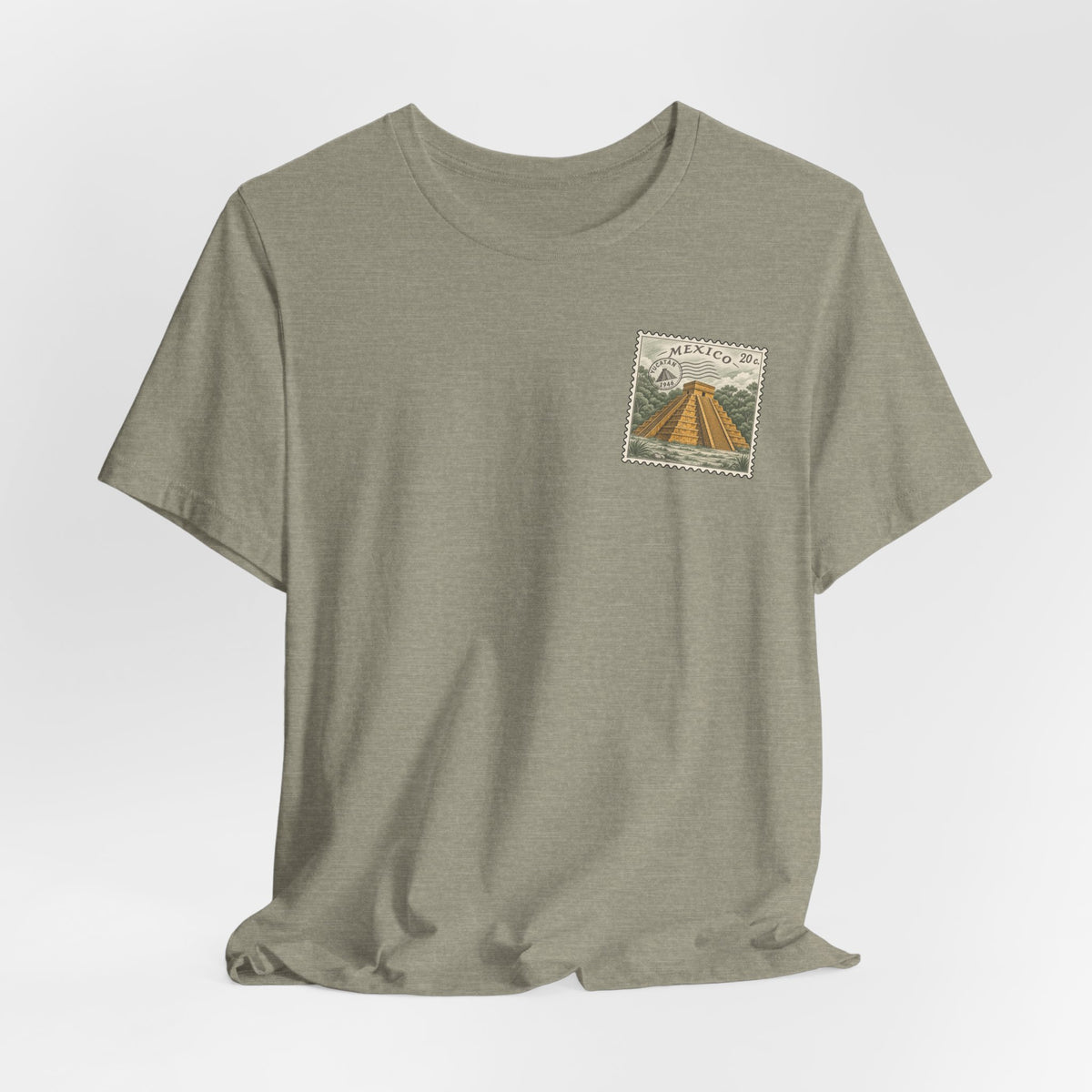 Olive green crew-neck t-shirt with small vintage Mexico postage-stamp graphic on chest.