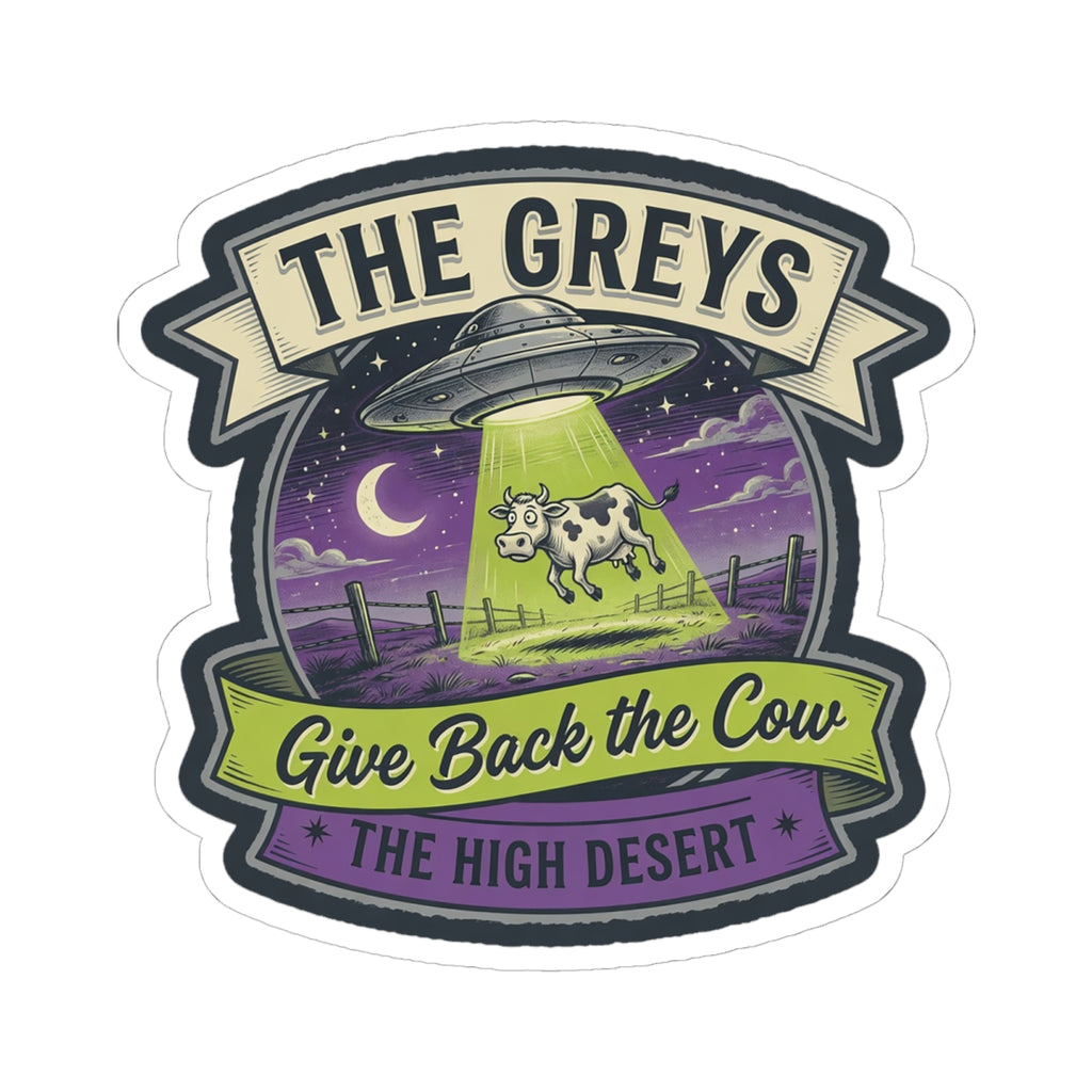 Oval die-cut sticker featuring UFO, cow, purple night sky, and ribbon text 'Give Back the Cow'.
