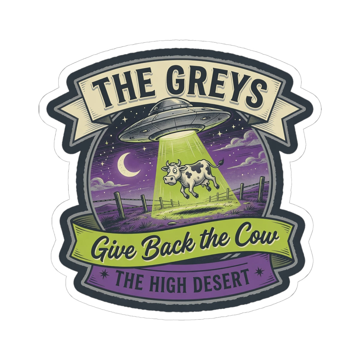 Oval die-cut sticker featuring UFO, cow, purple night sky, and ribbon text 'Give Back the Cow'.