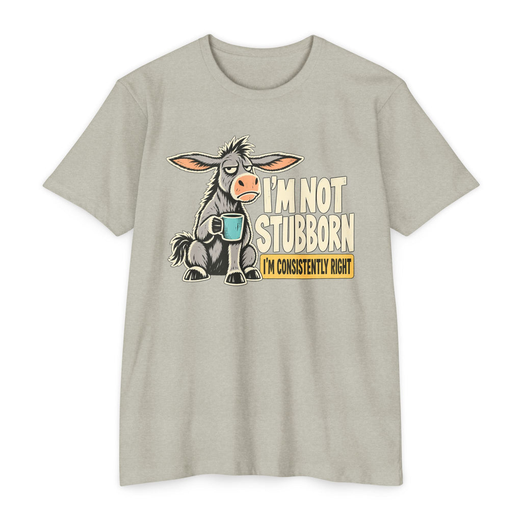 Light gray crewneck graphic T-shirt with donkey holding a coffee mug; slogan “I’m not stubborn”