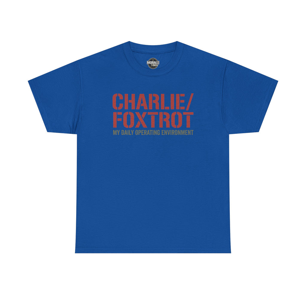 Royal blue T-shirt with “CHARLIE/FOXTROT” slogan and “MY DAILY OPERATING ENVIRONMENT” print