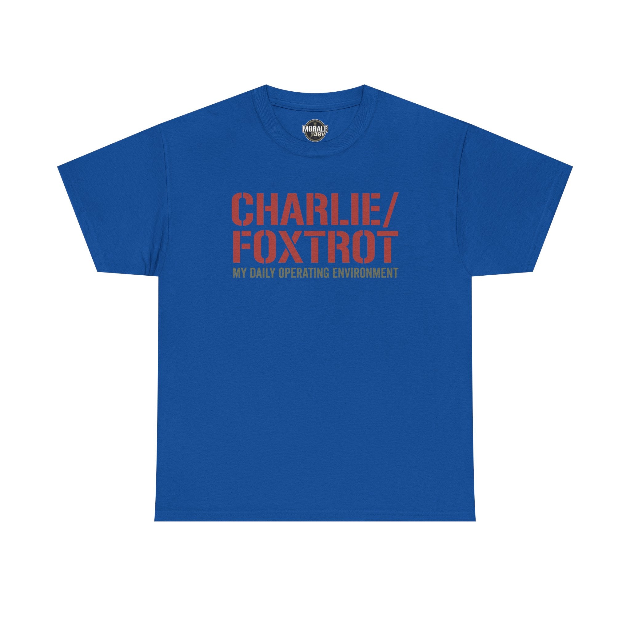 Royal blue T-shirt with “CHARLIE/FOXTROT” slogan and “MY DAILY OPERATING ENVIRONMENT” print
