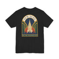 Black T-shirt with large round New York skyline emblem graphic