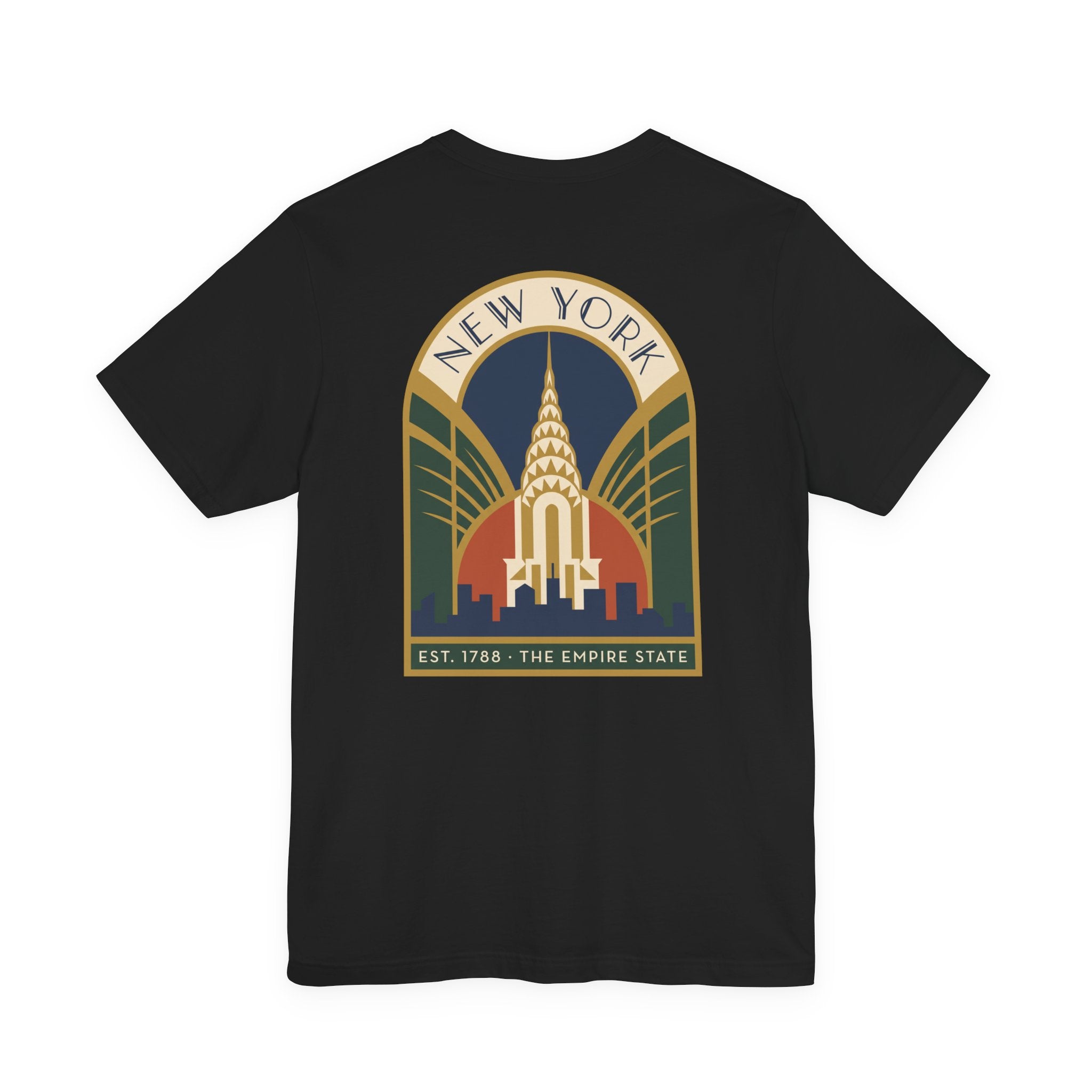 Black T-shirt with large round New York skyline emblem graphic