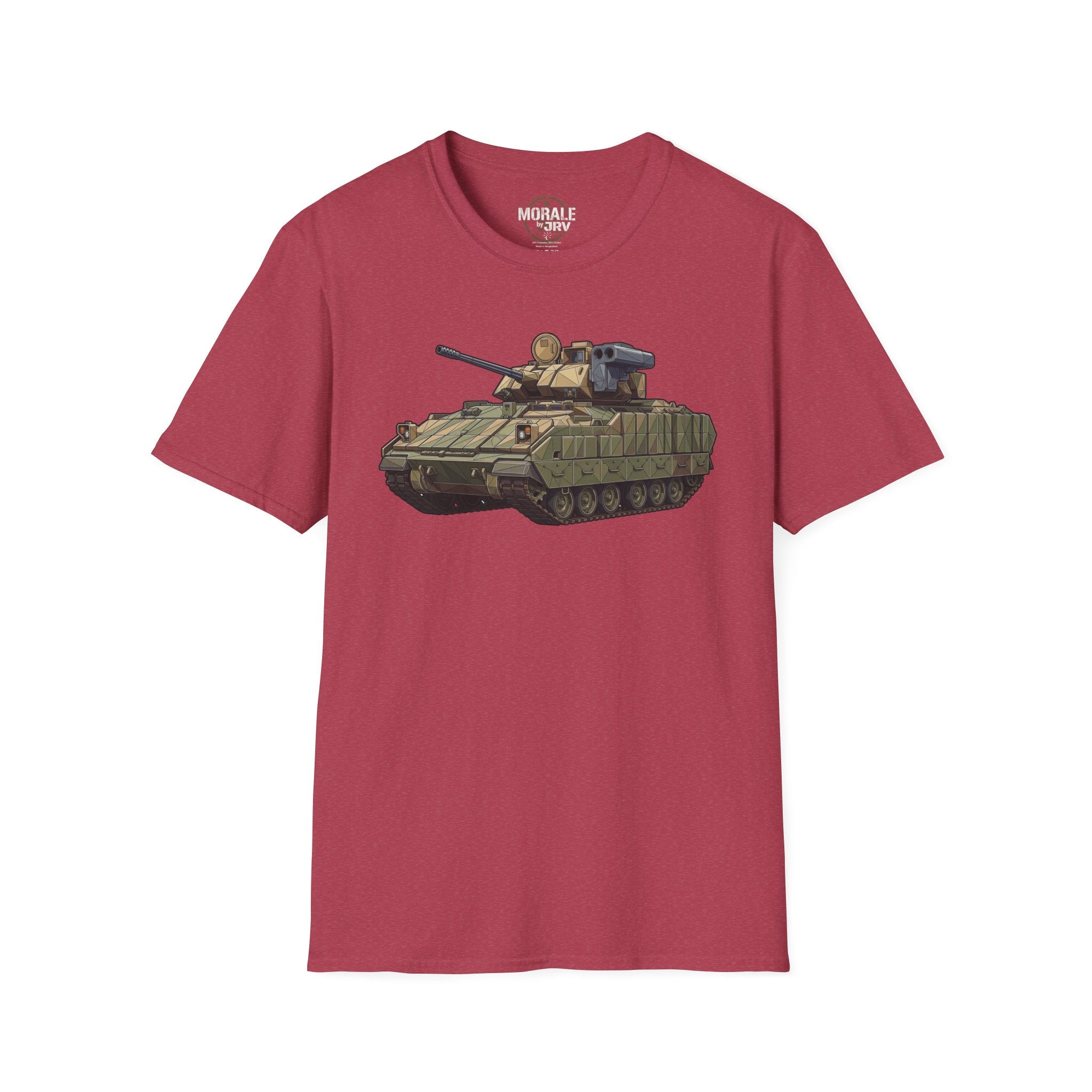 Burgundy tank T-shirt with armored vehicle graphic across chest