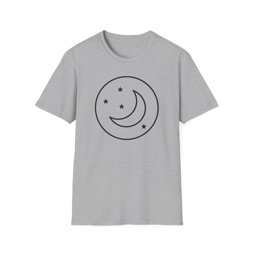Sport grey unisex T-shirt with dark crescent moon and stars in circular outline