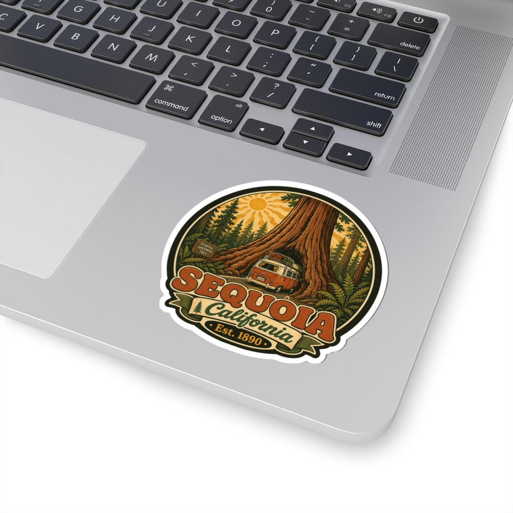 Round sticker with white border showing sequoia, camper van, and Sequoia California lettering.