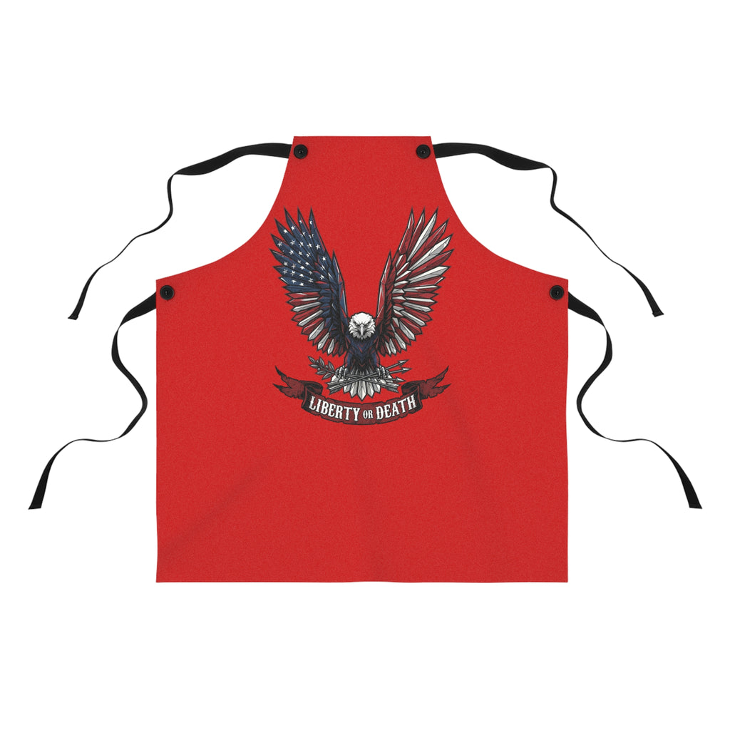 Red grilling apron with black straps and Liberty or Death eagle graphic