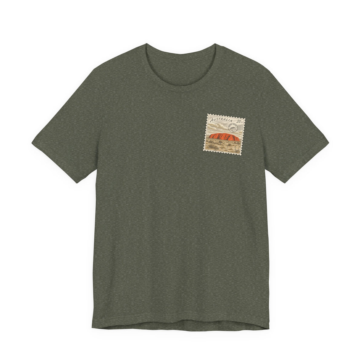 Heather deep green t-shirt with small vintage postage-stamp style graphic on the chest