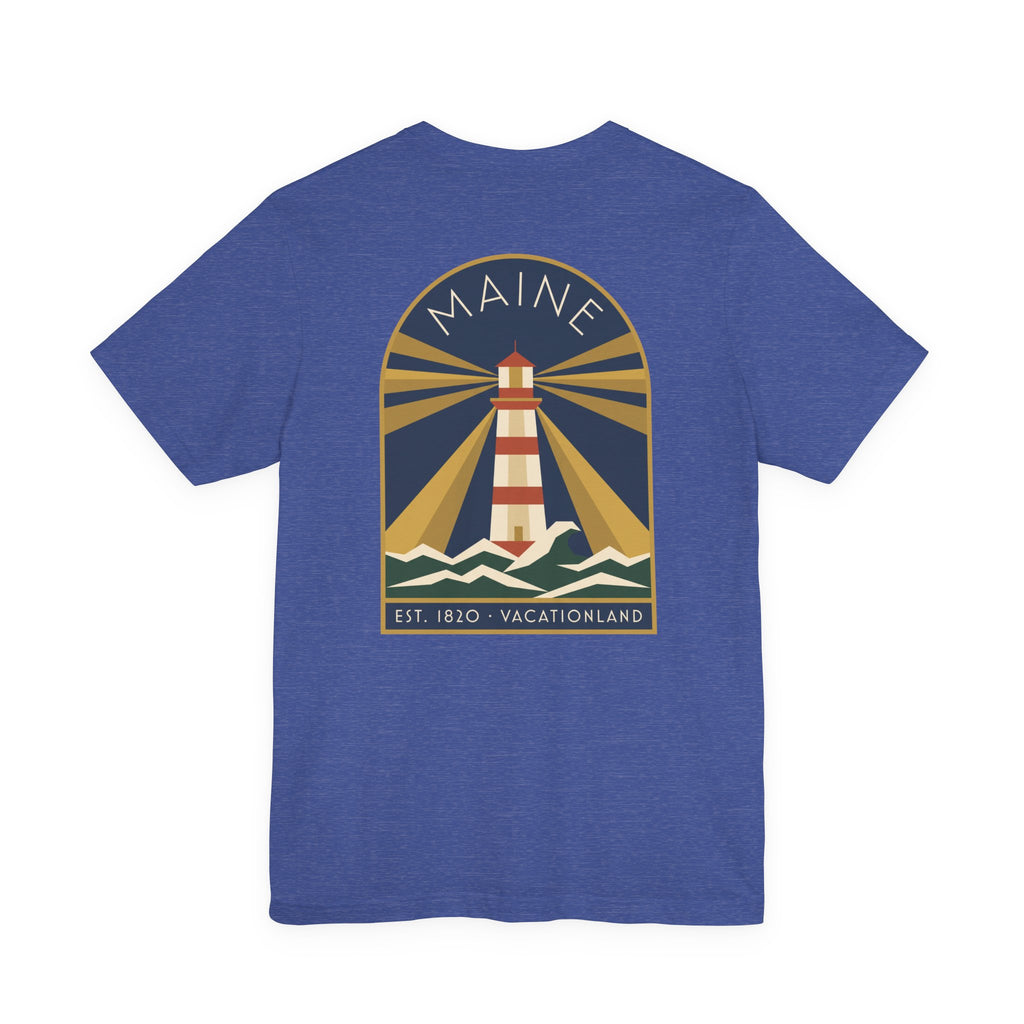 Royal blue crewneck T-shirt with vintage lighthouse graphic in circular badge