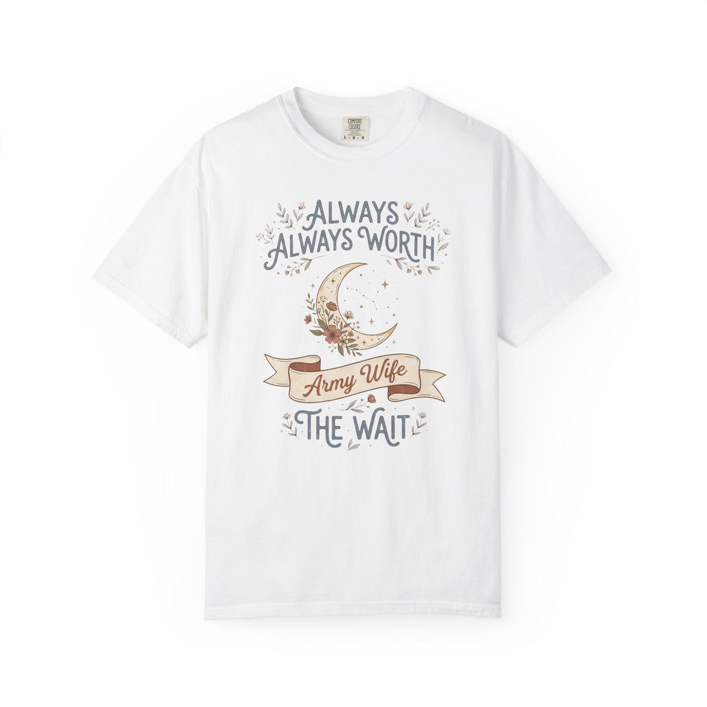 White crewneck T-shirt with moon and “Always Worth the Wait” graphic