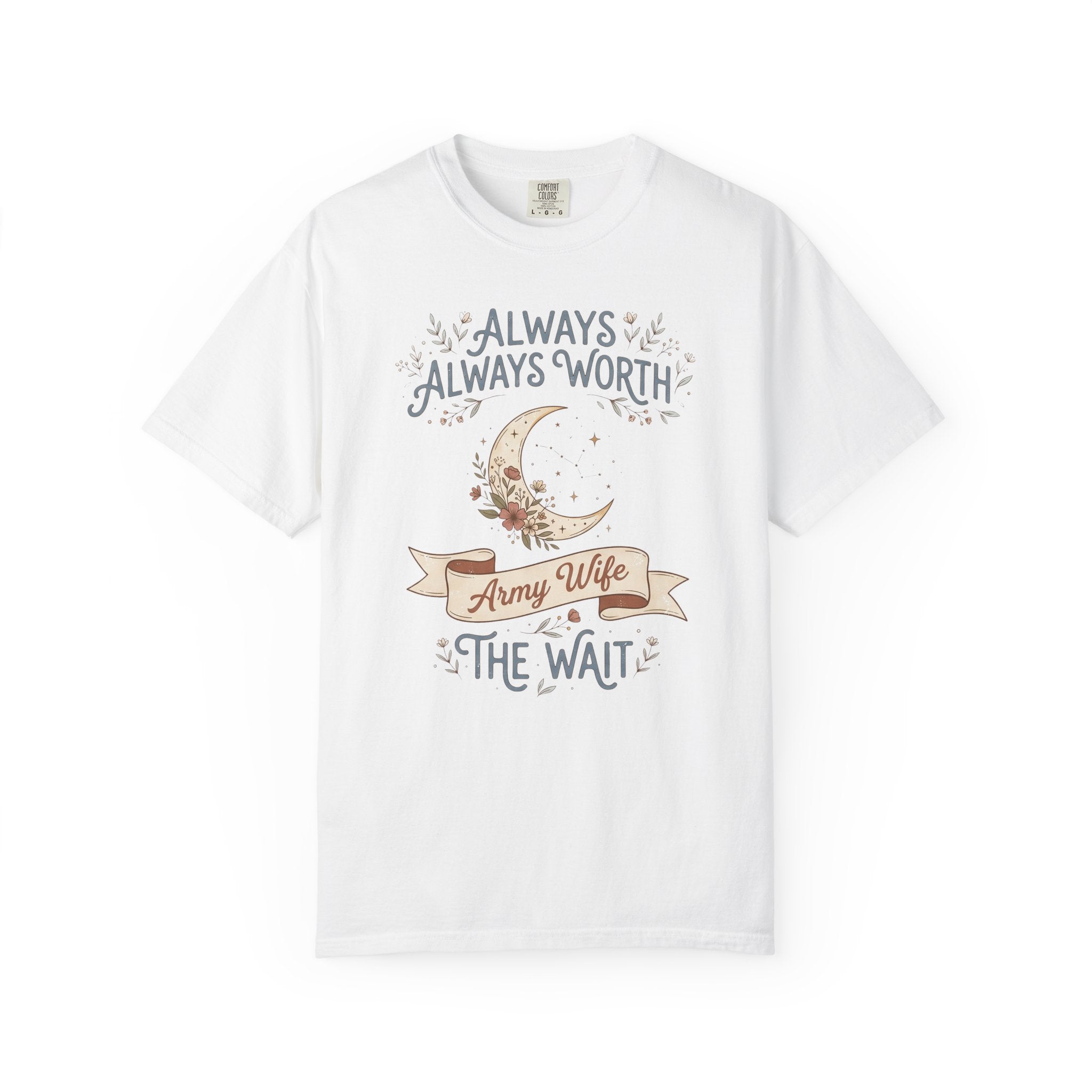 White crewneck T-shirt with moon and “Always Worth the Wait” graphic