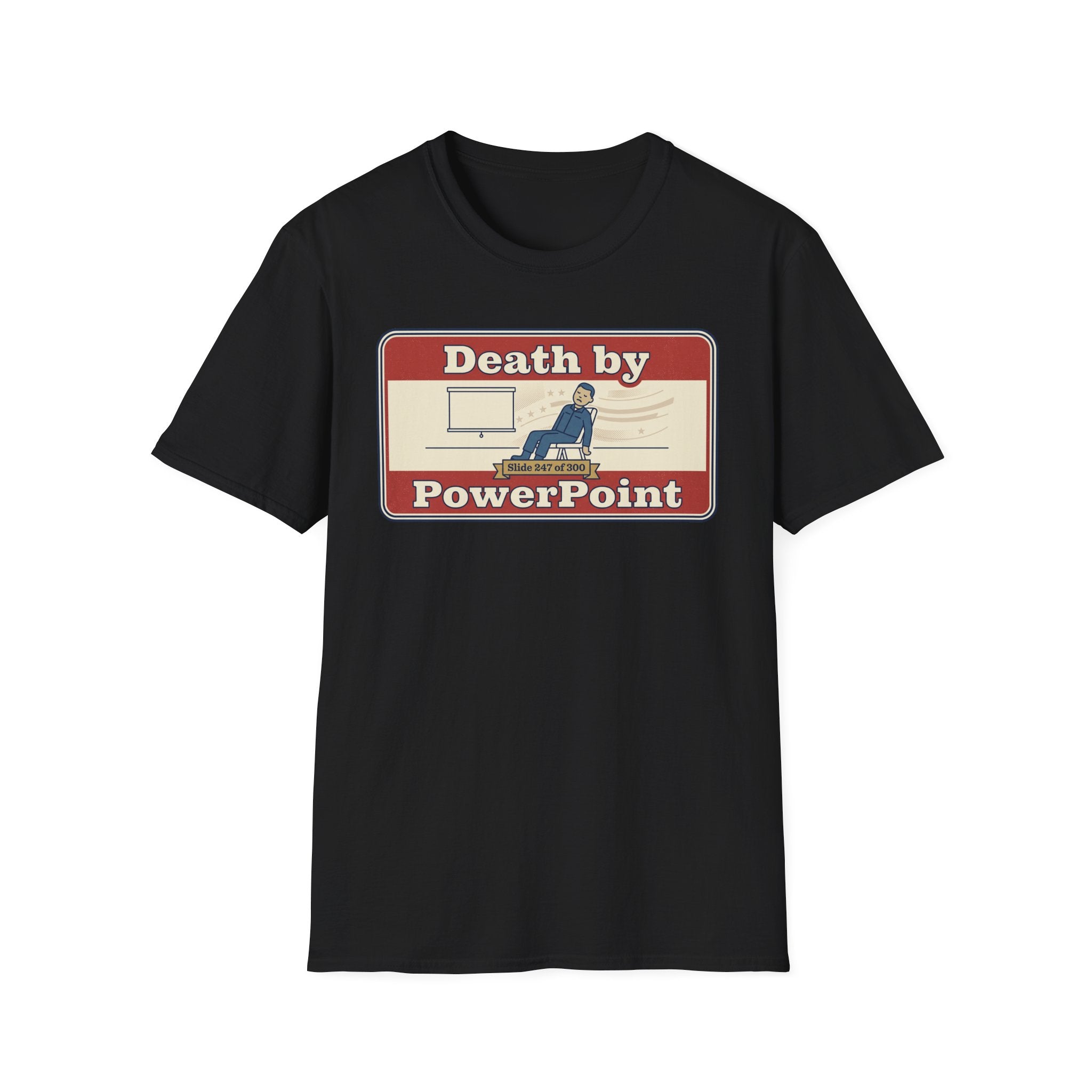 Black T-shirt with 'Death by PowerPoint' presentation graphic on chest
