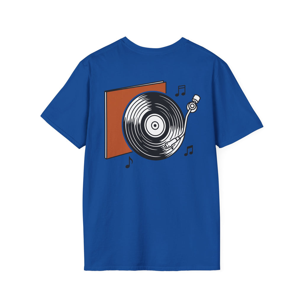 Geometric hexagon t-shirt in royal blue with vinyl record concentric graphic, back