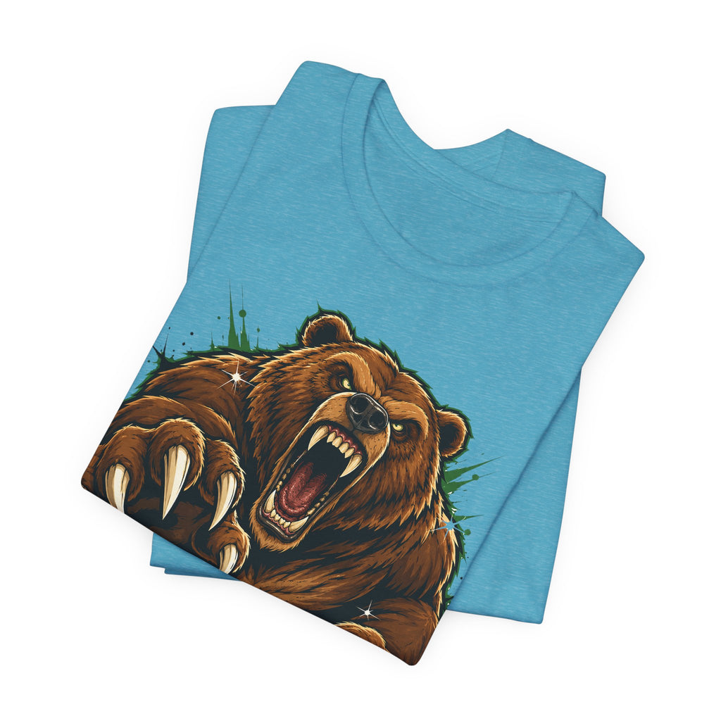 Light blue unisex crew-neck T-shirt with roaring brown bear graphic.