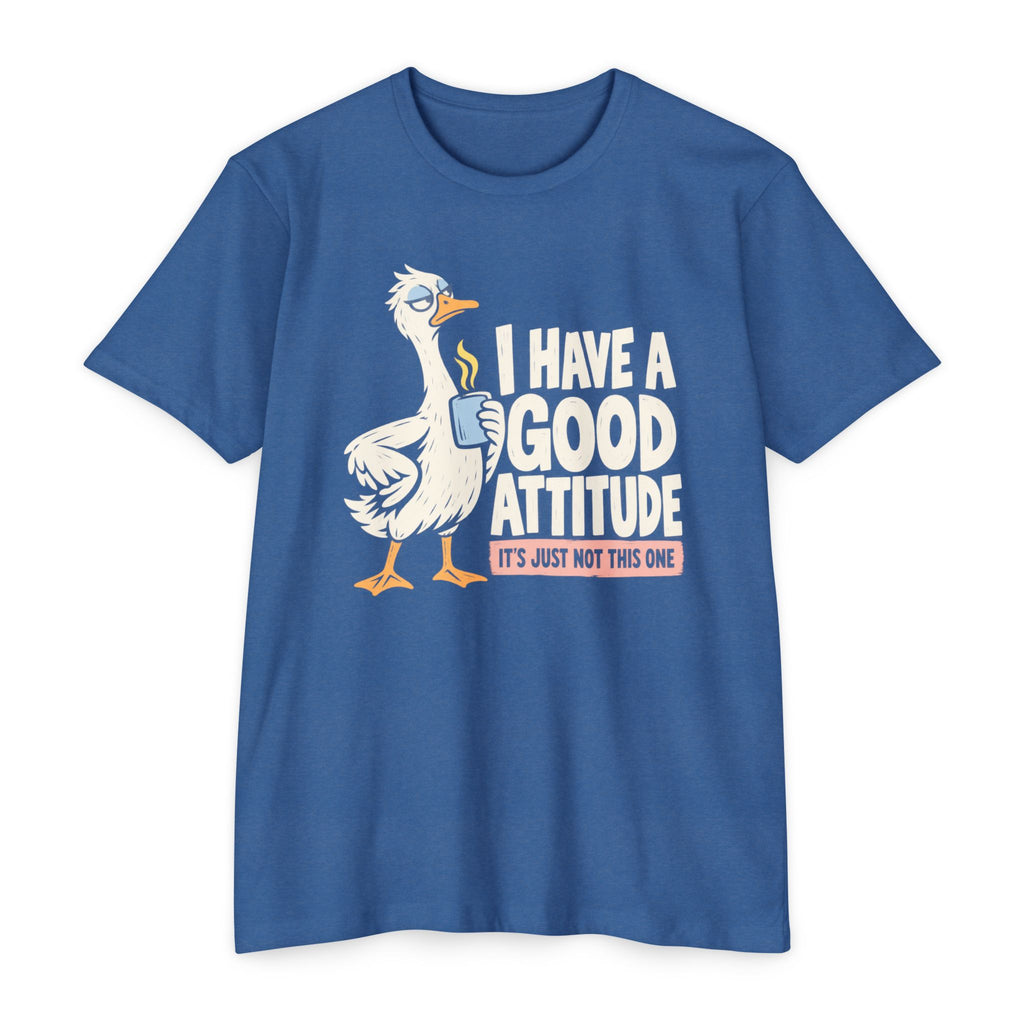 Graphic coffee-themed goose T-shirt, blue, 'Have a good attitude' slogan print
