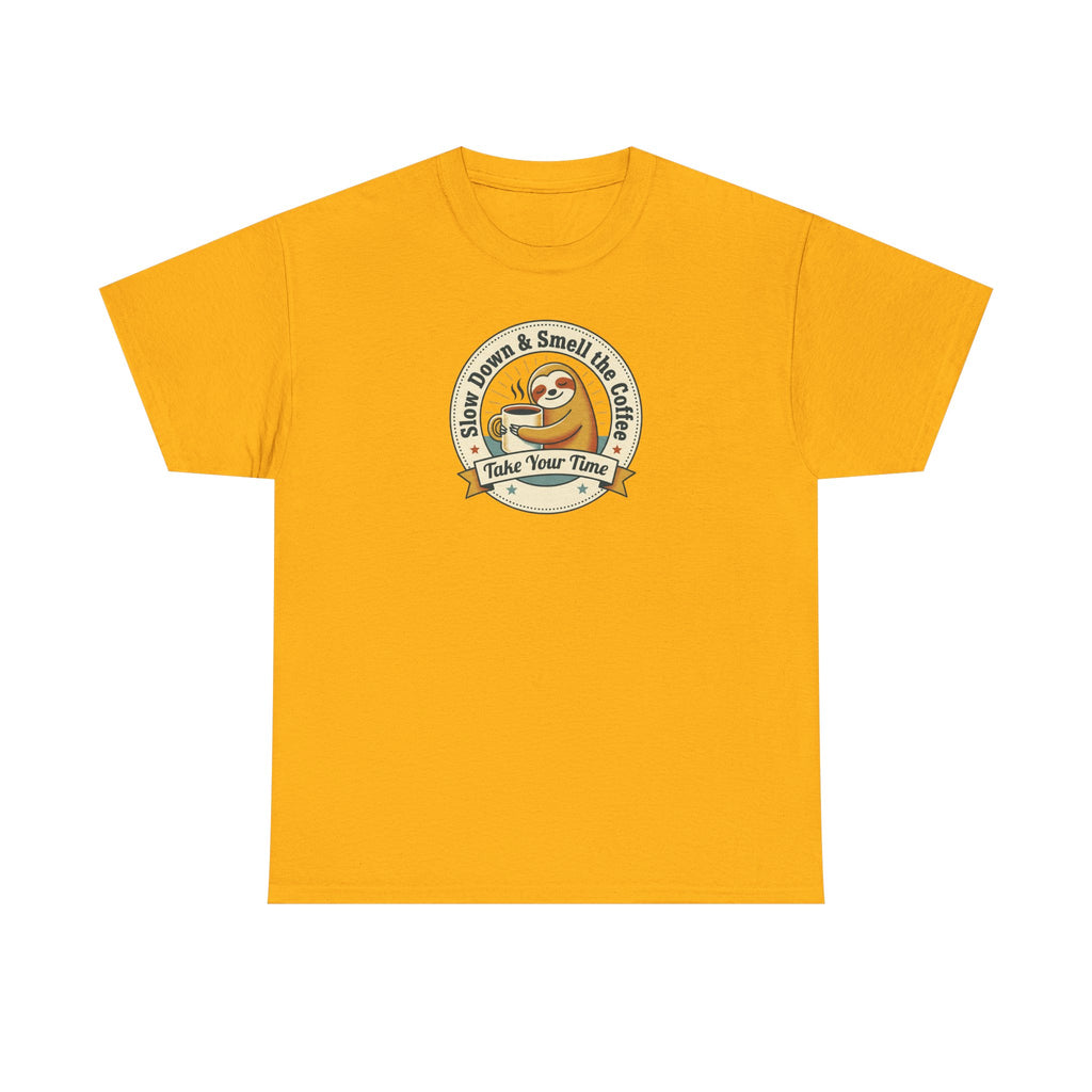 Orange sloth graphic T-shirt with circular Take Your Time badge print