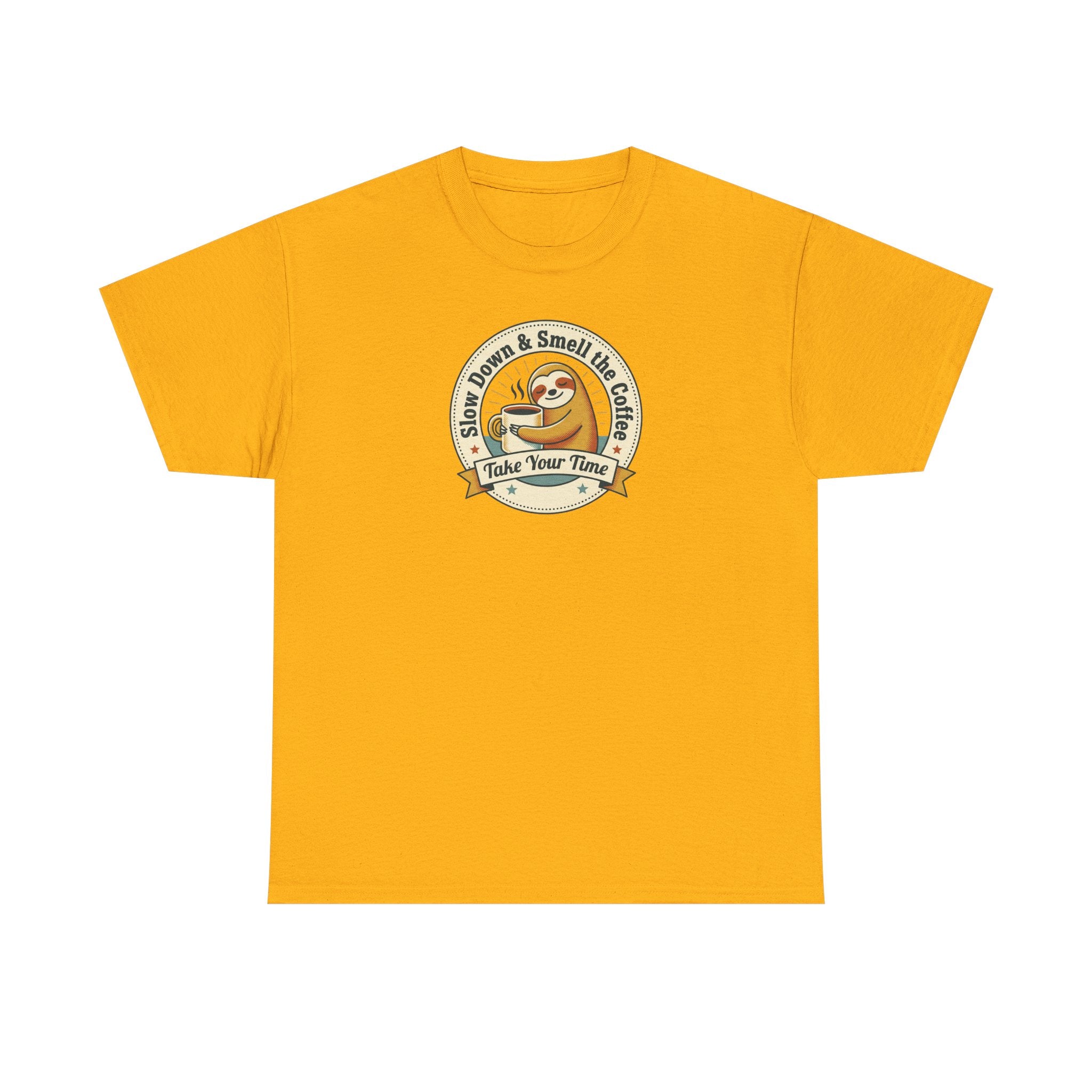Orange sloth graphic T-shirt with circular Take Your Time badge print
