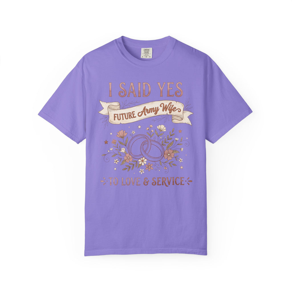 Purple T-shirt with "I SAID YES" floral wedding rings and "Future Army Wife"