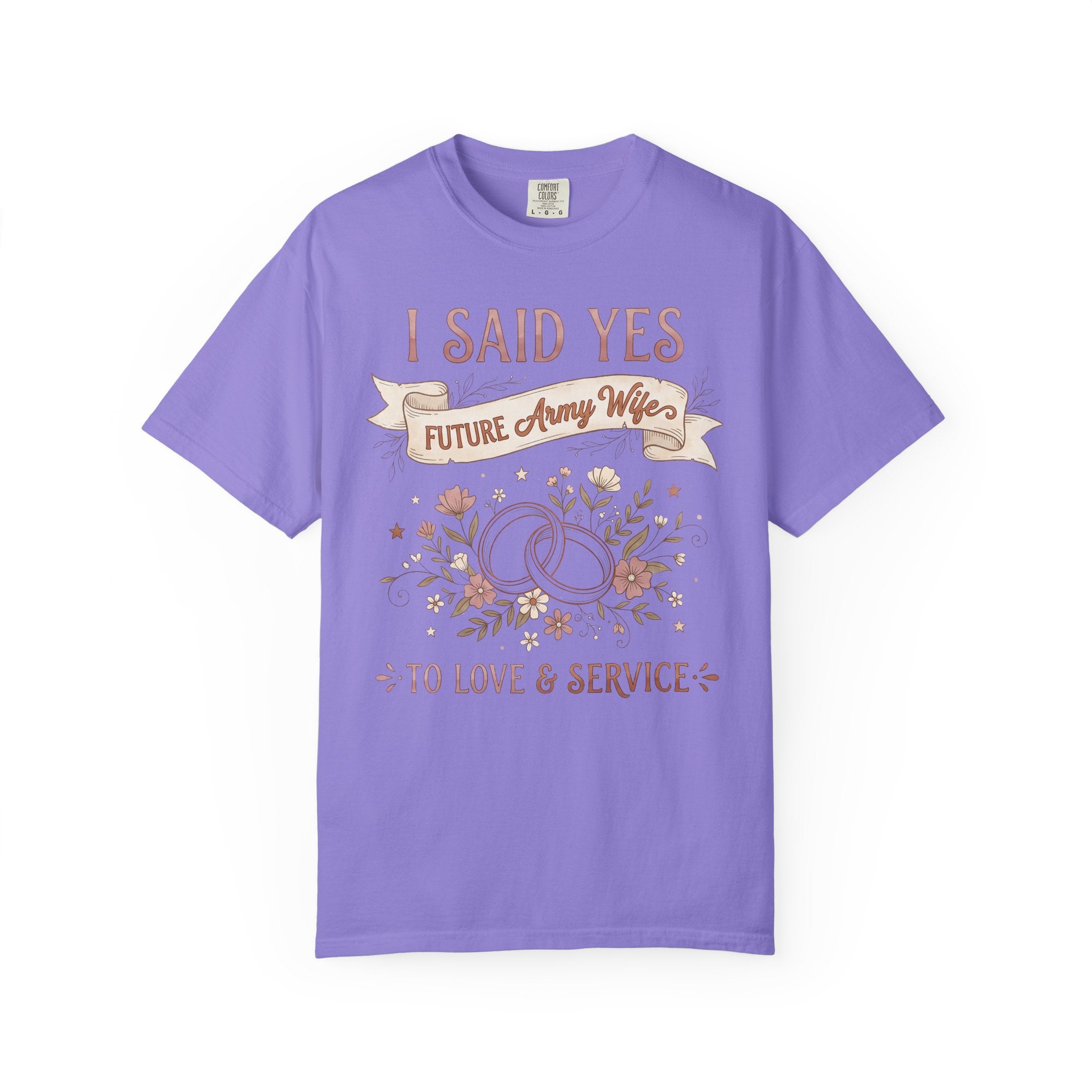 Purple T-shirt with "I SAID YES" floral wedding rings and "Future Army Wife"