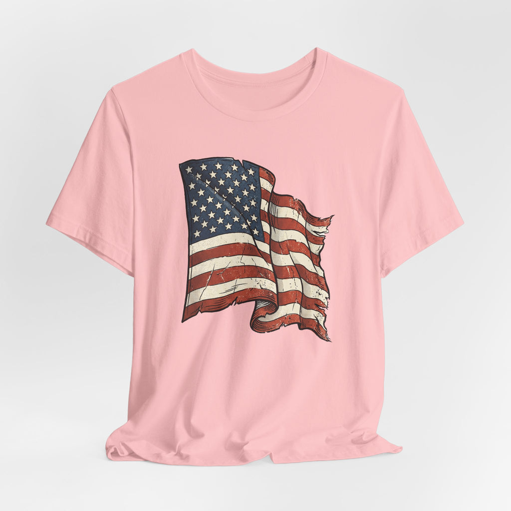 American flag graphic t-shirt, light pink, distressed waving stars and stripes flag print