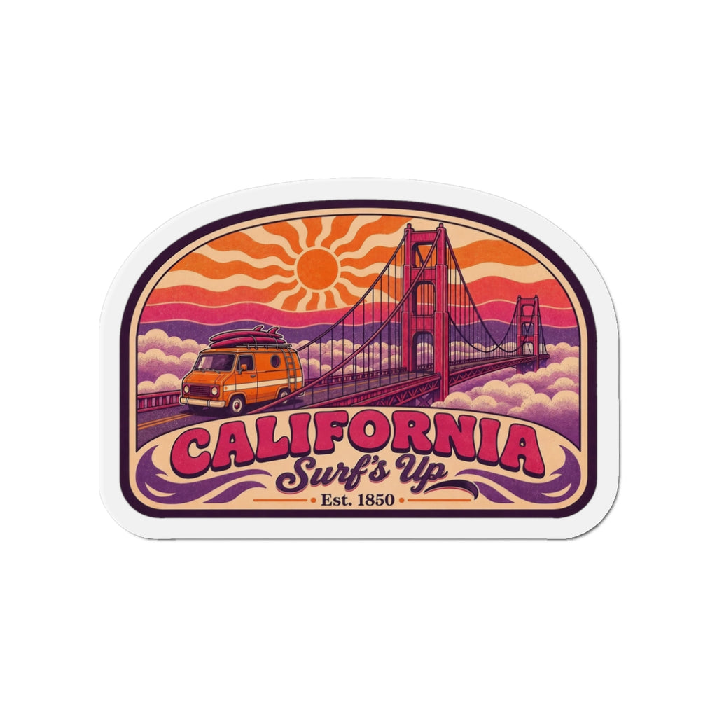 California die-cut magnet showing Golden Gate bridge and surf van with “Surf’s Up”