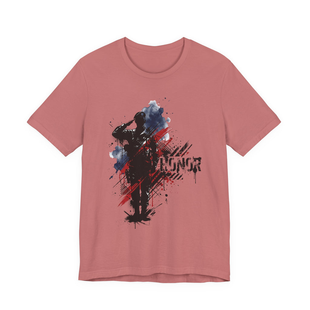 Dusty rose crewneck T-shirt with soldier silhouette and red-blue brushstroke graphic, front print.