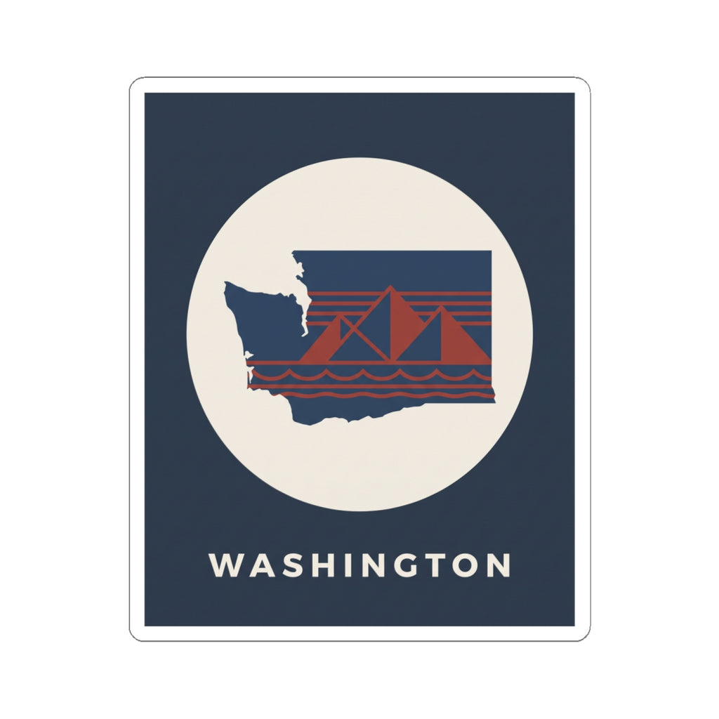 Washington graphic sticker, navy square with cream circle, Washington map, red bridge waves