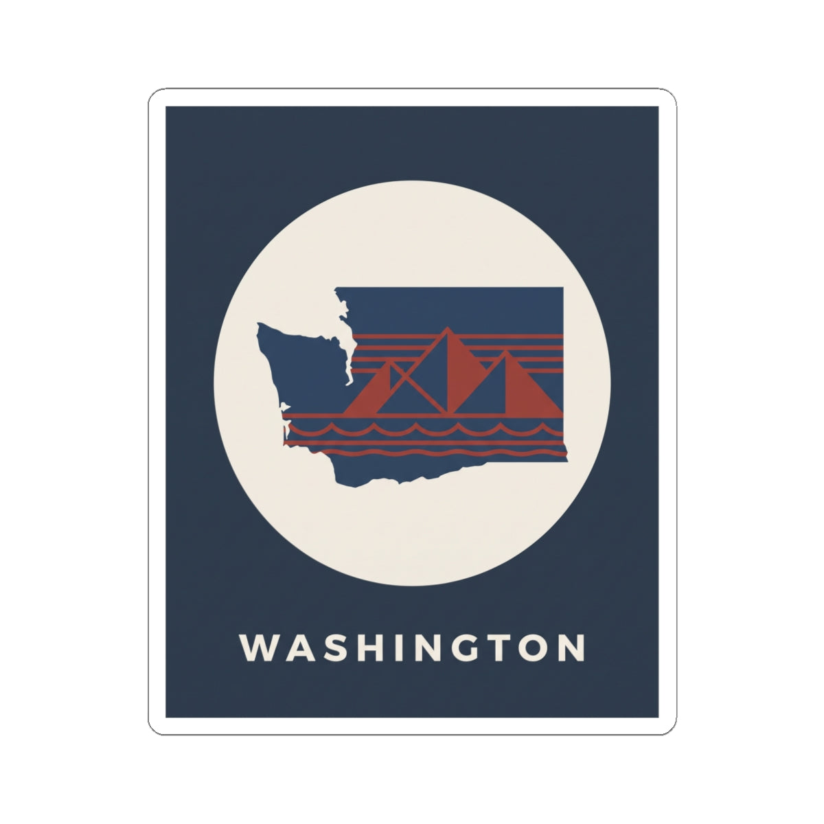 Washington graphic sticker, navy square with cream circle, Washington map, red bridge waves