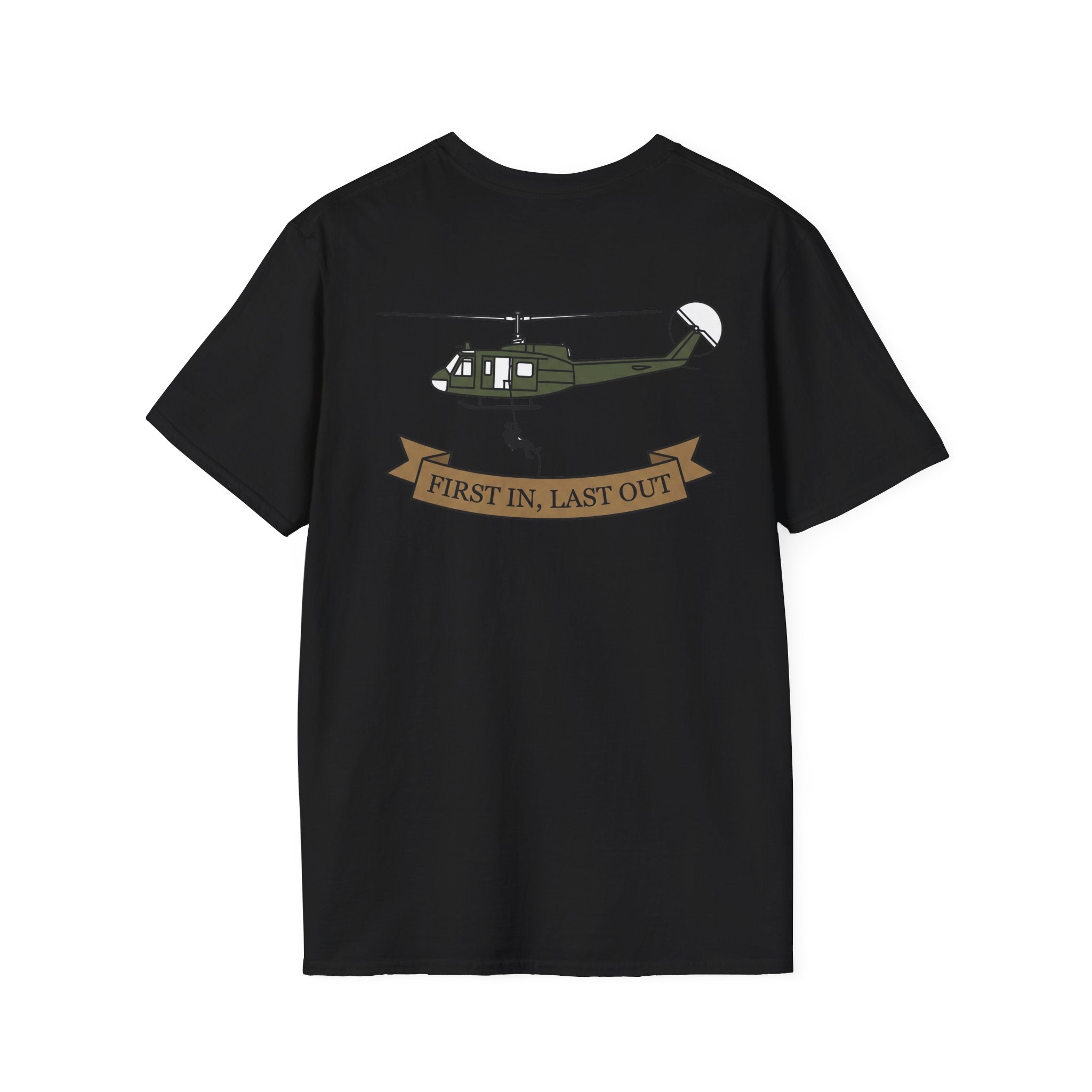 Black rescue helicopter T-shirt with “FIRST IN, LAST OUT” ribbon graphic on front