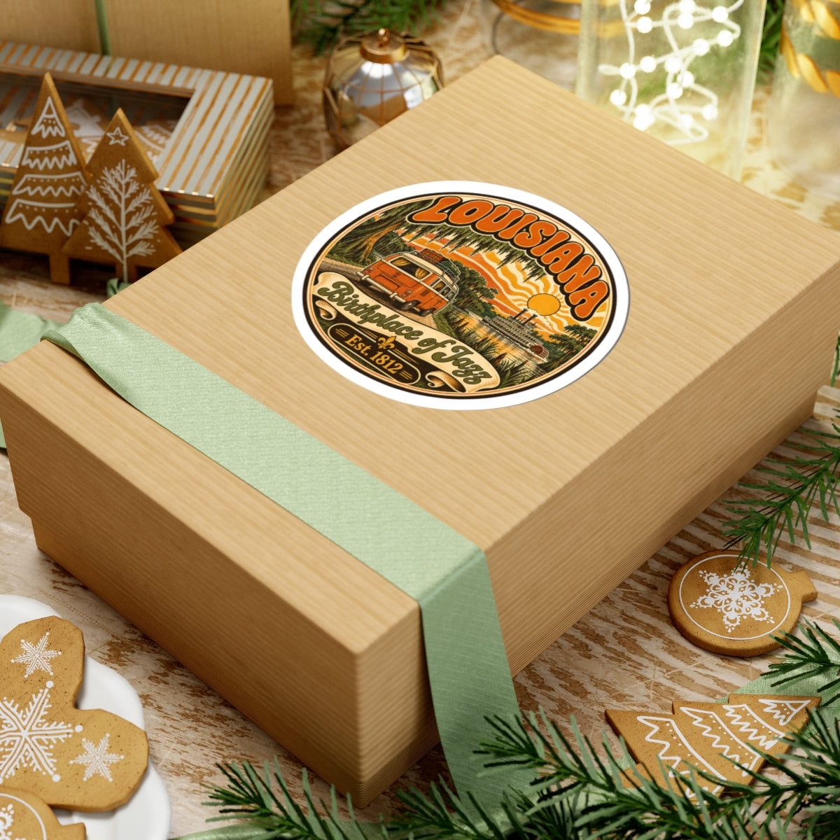 Round Louisiana Birthplace of Jazz sticker on gift box lid, orange van and sun, Est. 1812