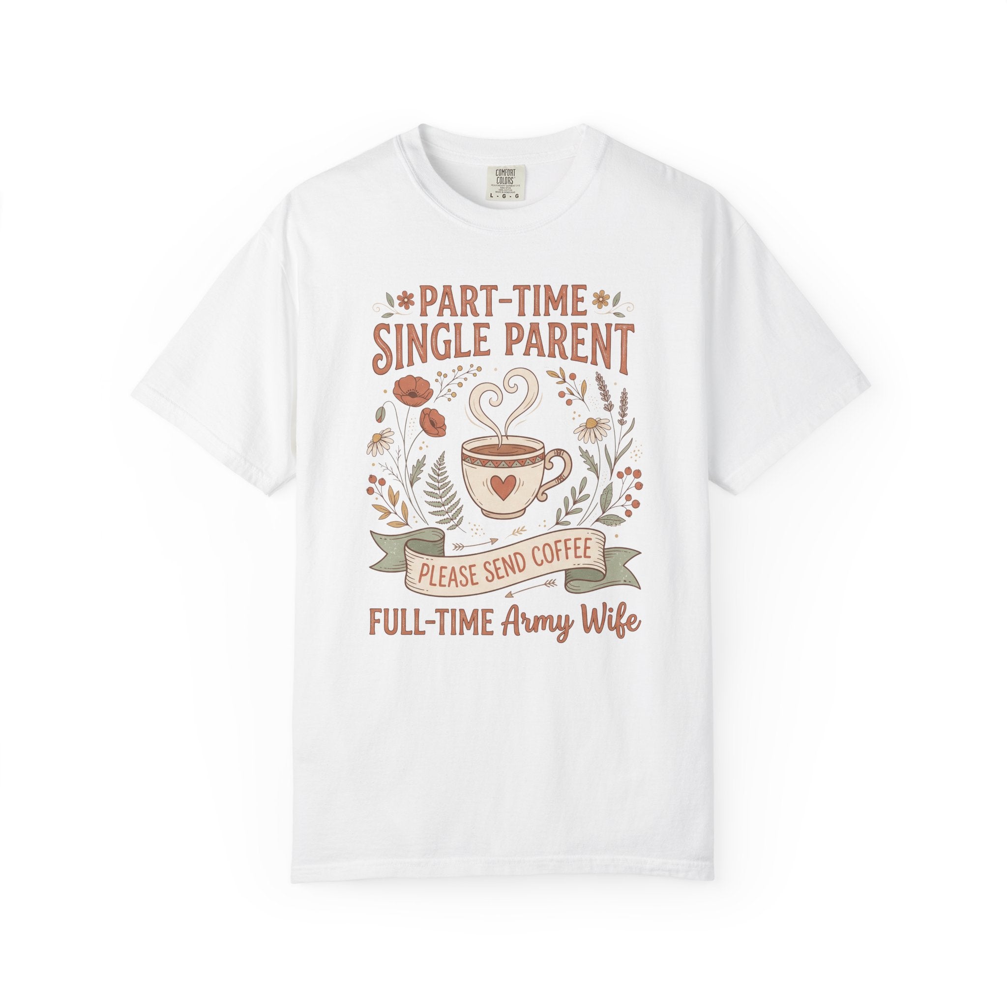 White t-shirt with coffee and floral text graphic, short sleeves