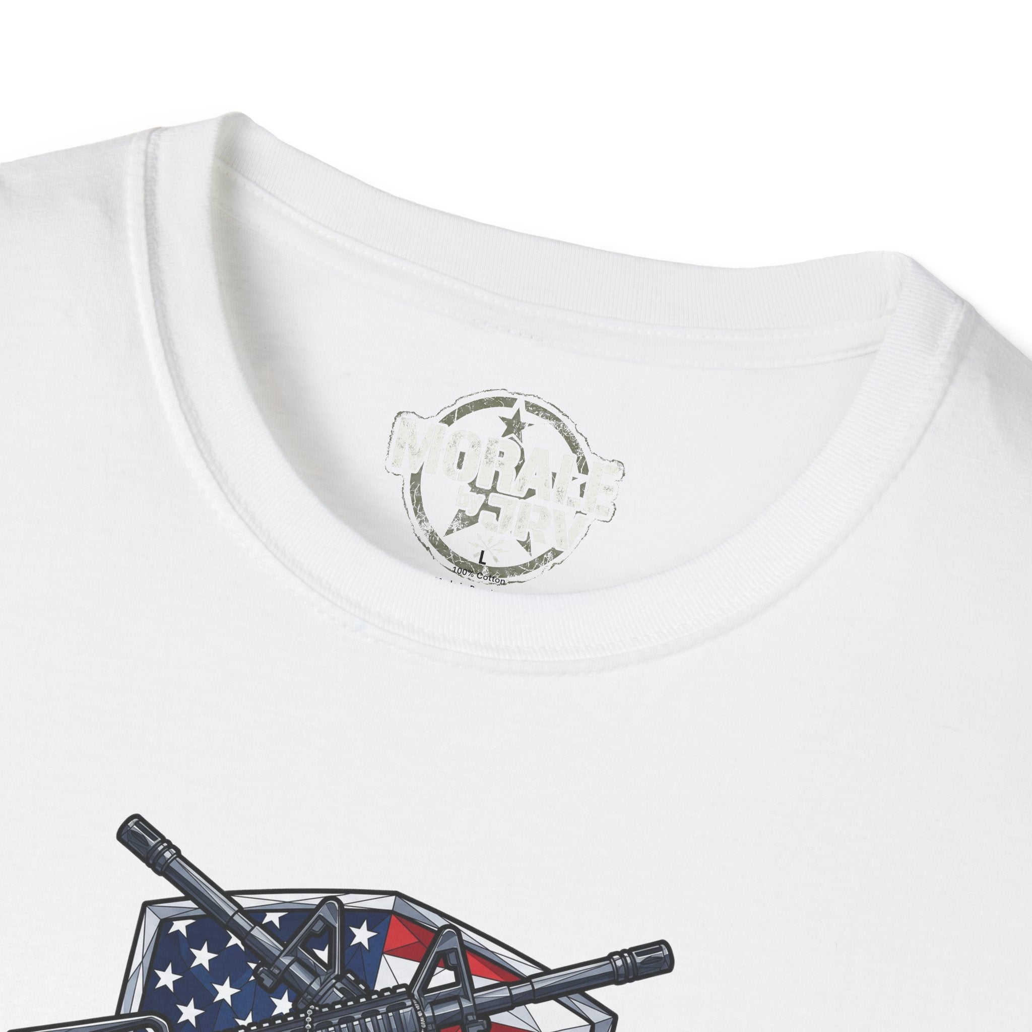 White T-shirt back graphic: skull shield with crossed rifles and stars