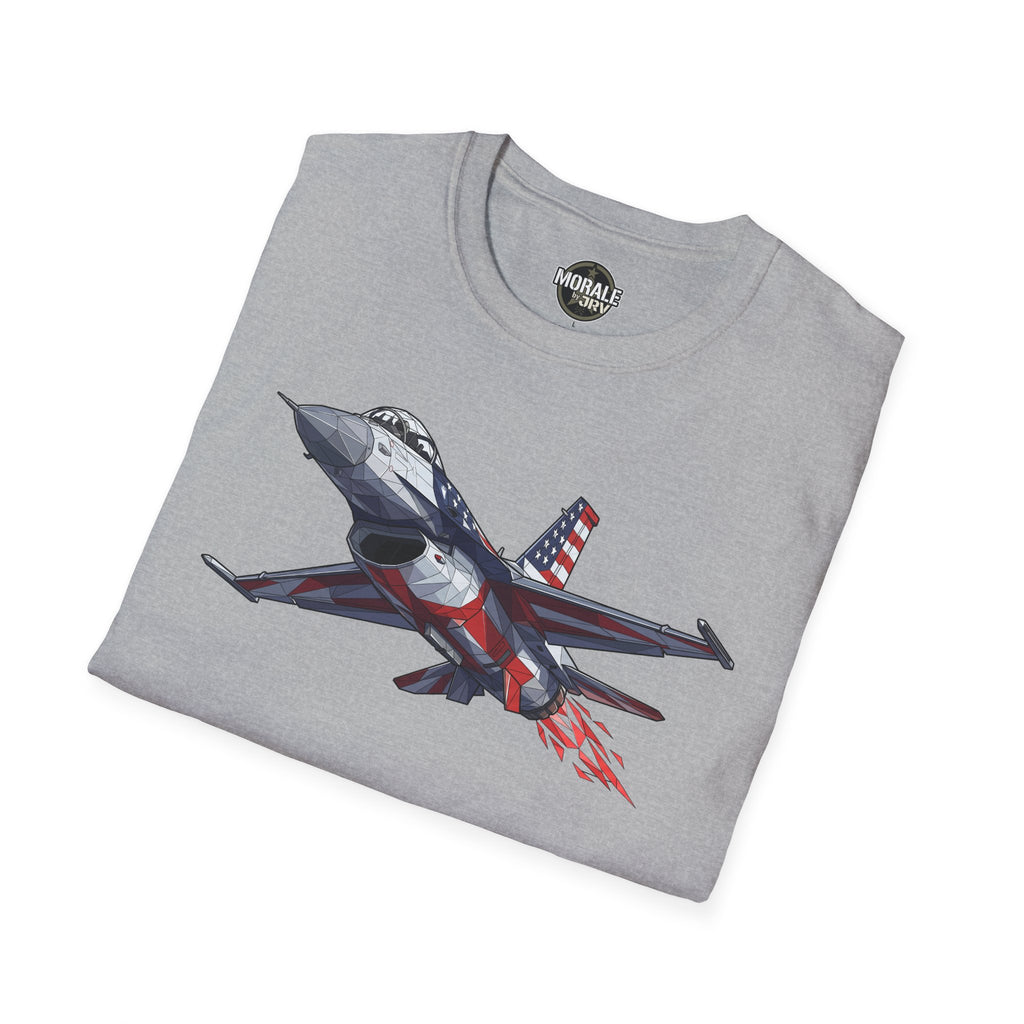 F-16 jet graphic T-shirt, sport grey, American flag aviation design