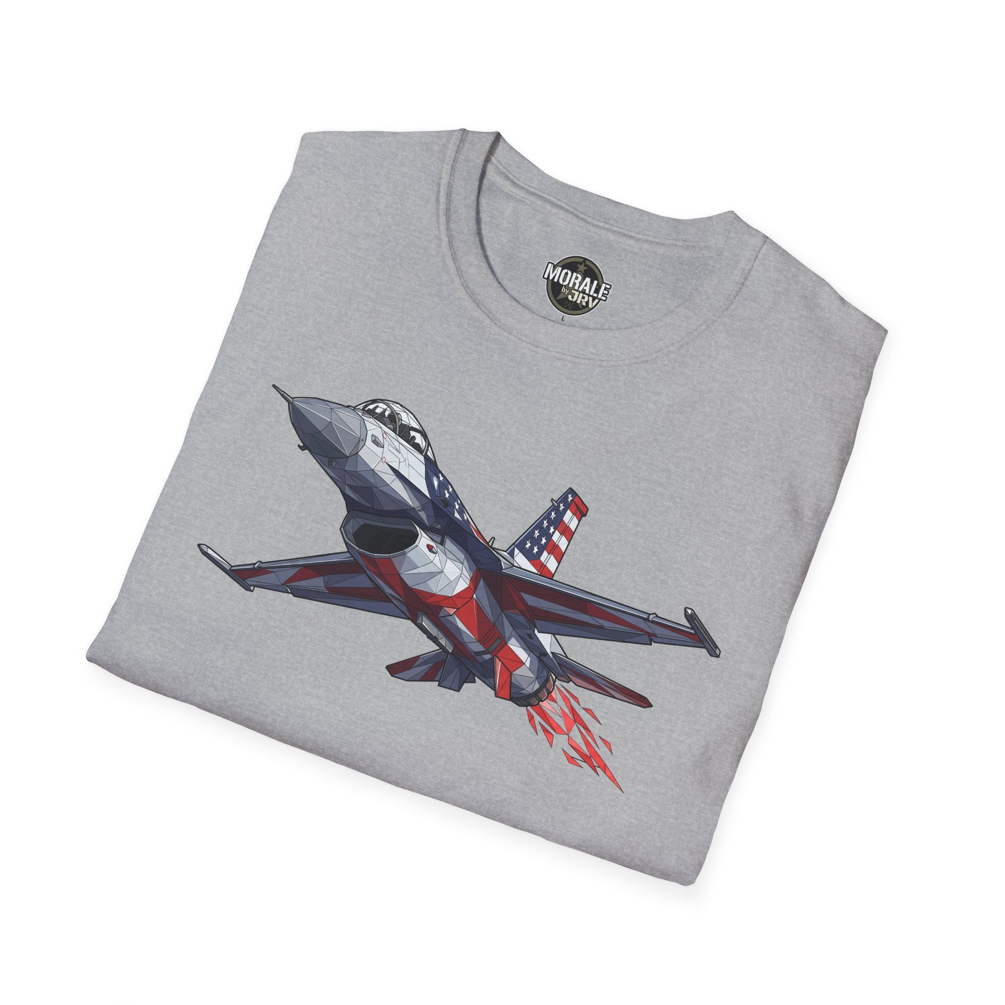F-16 jet graphic T-shirt, sport grey, American flag aviation design