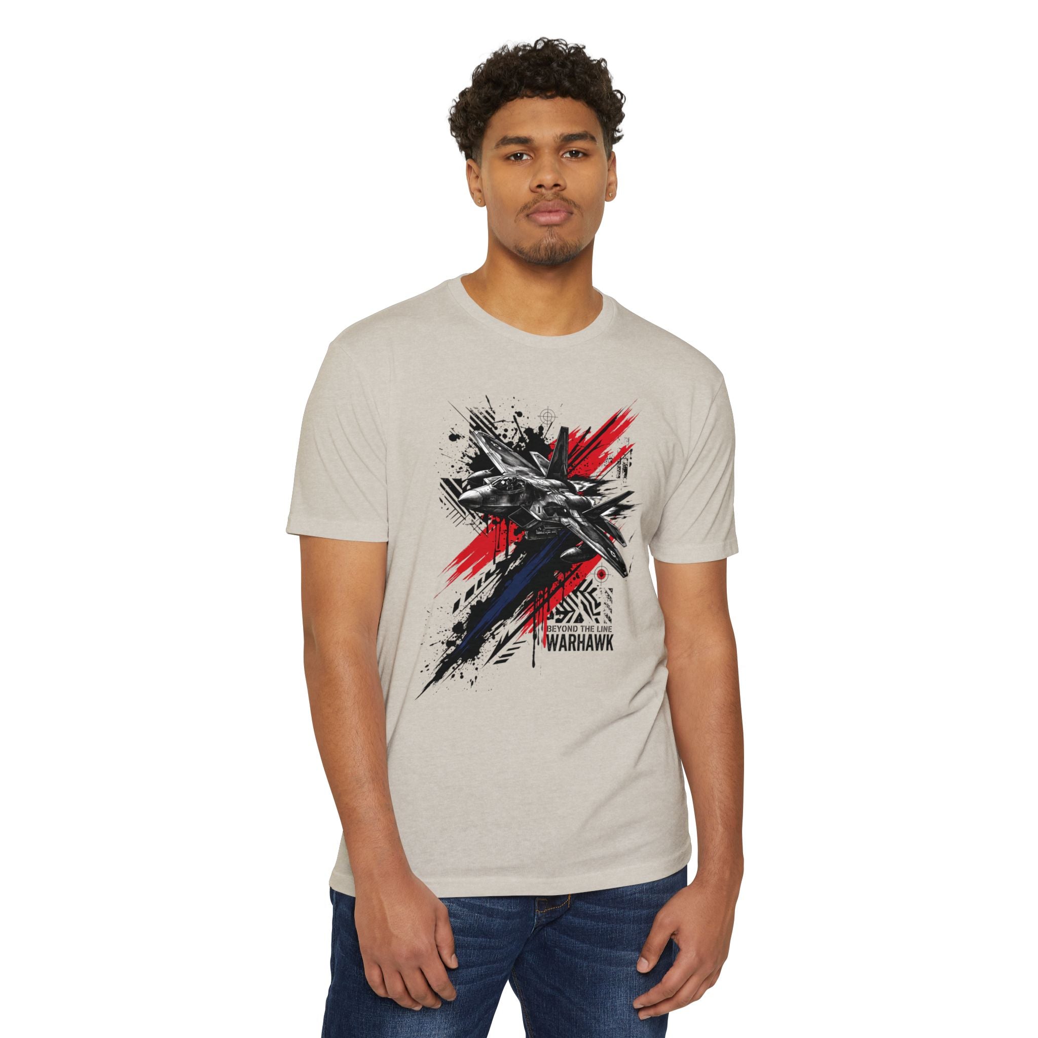 Men's graphic t-shirt in light beige with front jet silhouette and red splatter design